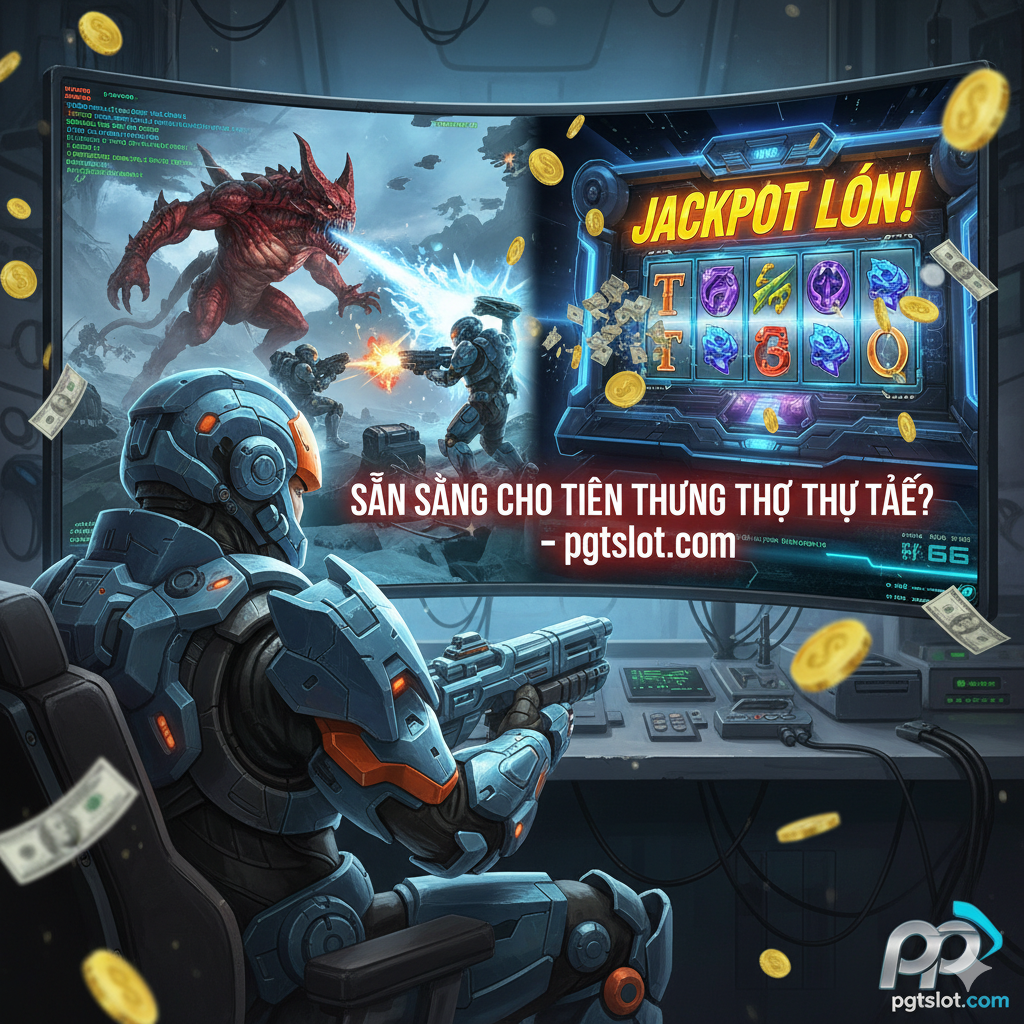 Hình ảnh tổng kết/lời kêu gọi hành động. Một chiến binh LP2 (hoặc một người chơi) đang ngồi trước màn hình lớn. Nửa màn hình là cảnh chiến đấu trong LP2 (đã có code), nửa còn lại là cảnh quay Slot Game Sci-Fi tại pgtslot.com với hiệu ứng 'Big Win' hoặc 'Jackpot'. Phối hợp hai thế giới game, với một câu CTA lớn, đậm nét (bằng tiếng Việt) như 'SẴN SÀNG CHO TIỀN THƯỞNG THỰC TẾ? – pgtslot.com'. Hình ảnh phải truyền tải sự hào hứng của chiến thắng và hành động.