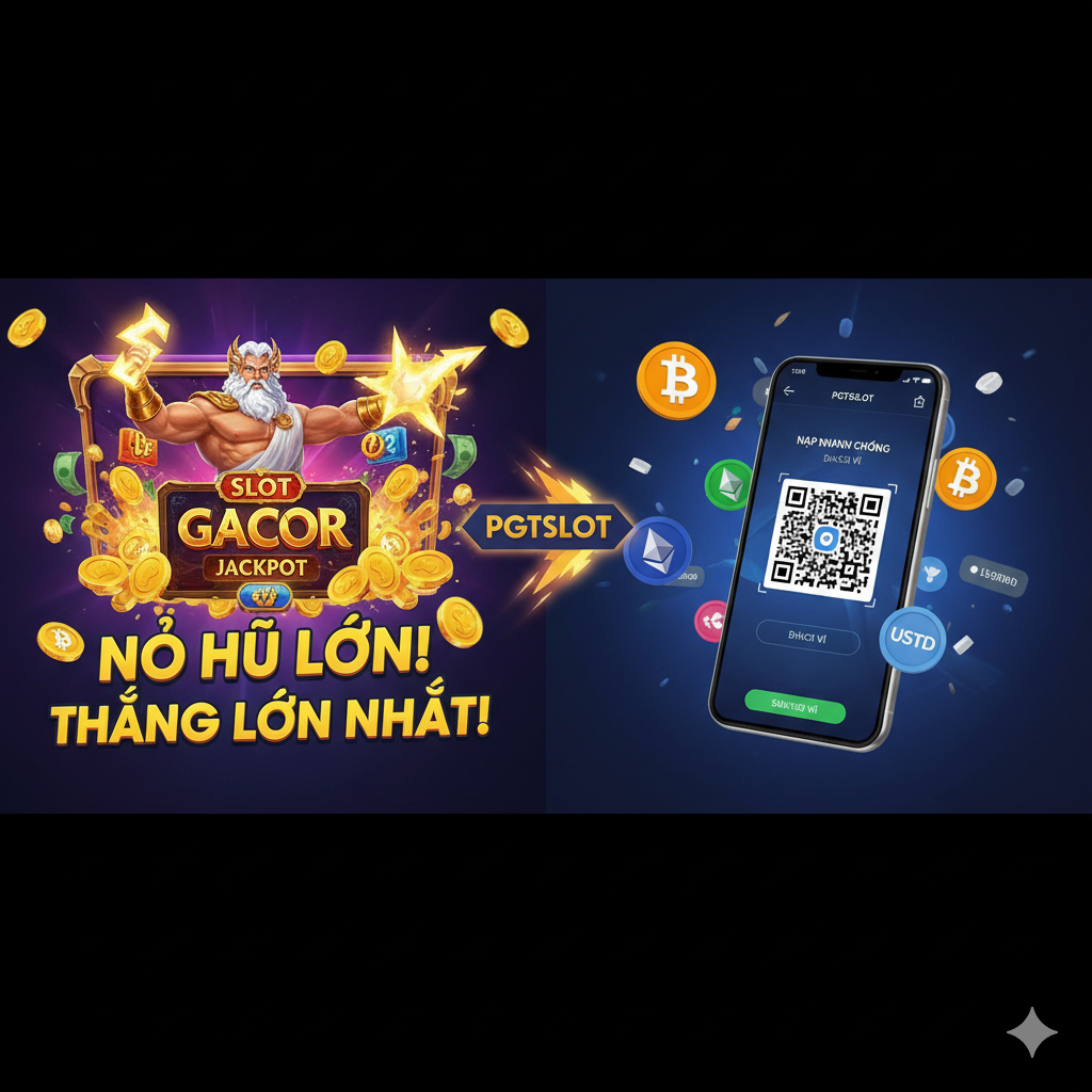 Hình ảnh minh họa hai tính năng cốt lõi: 'Slot Gacor' (Game nổ hũ) và 'Crypto Deposit' (Giao dịch Crypto). Bên trái là biểu tượng của một trò Slot 'Gacor' nổi tiếng như Gates of Olympus (Zeus với tia sét) hoặc Sweet Bonanza, thể hiện một màn hình 'MAXWIN' với tiền vàng và Jackpot lớn nổ tung. Bên phải là biểu tượng của các đồng tiền điện tử phổ biến (Bitcoin, Ethereum, USDT) và một chiếc điện thoại thông minh đang hiển thị giao diện nạp tiền nhanh chóng qua mã QR hoặc địa chỉ ví. Sự phân chia rõ ràng giữa hai phần (Game và Giao dịch) được kết nối bằng một mũi tên hoặc biểu tượng PGTSLOT ở giữa, thể hiện tốc độ và sự tiện lợi. Màu sắc nên rực rỡ, năng động để làm nổi bật các tính năng độc đáo này.