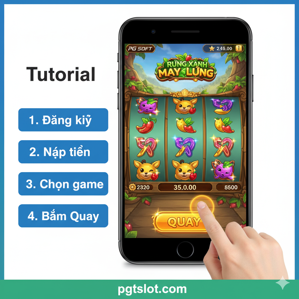 教程图，用于说明如何进行游戏。图片应以一个简洁的手机屏幕界面为中心，展示一个色彩鲜艳的PG Soft或Jili Slot主题的手机游戏界面。一只手（或光标）正按下巨大的'SPIN'按钮。旁边用数字步骤1-2-3-4简洁标注操作流程，如'1. Đăng ký'（注册），'2. Nạp tiền'（充值），'3. Chọn game'（选游戏），'4. Bấm Spin'（按旋转），风格清晰、引导性强，方便新玩家理解操作步骤。