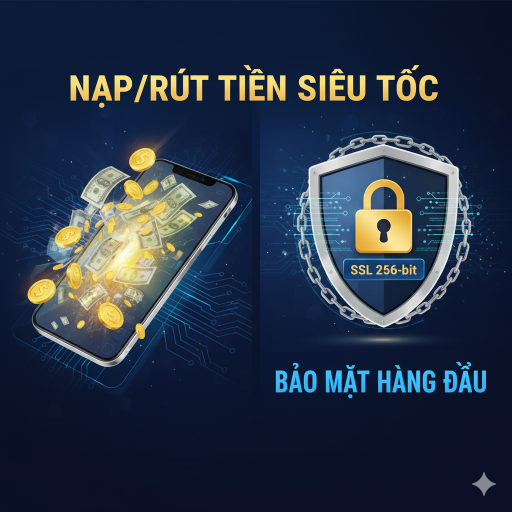 优势图，聚焦于'Nạp/Rút tiền Siêu tốc'和安全。图片构图左侧是一个快速流动的现金流动画，金币和钞票从手机屏幕流入/流出，象征快速存取款。右侧是一个带有'SSL 256-bit'标签的盾牌或锁头图标，周围有安全锁链或代码环绕，强调数据和交易的顶级安全保障。色彩使用金色和银色突出价值，蓝色突出安全感。