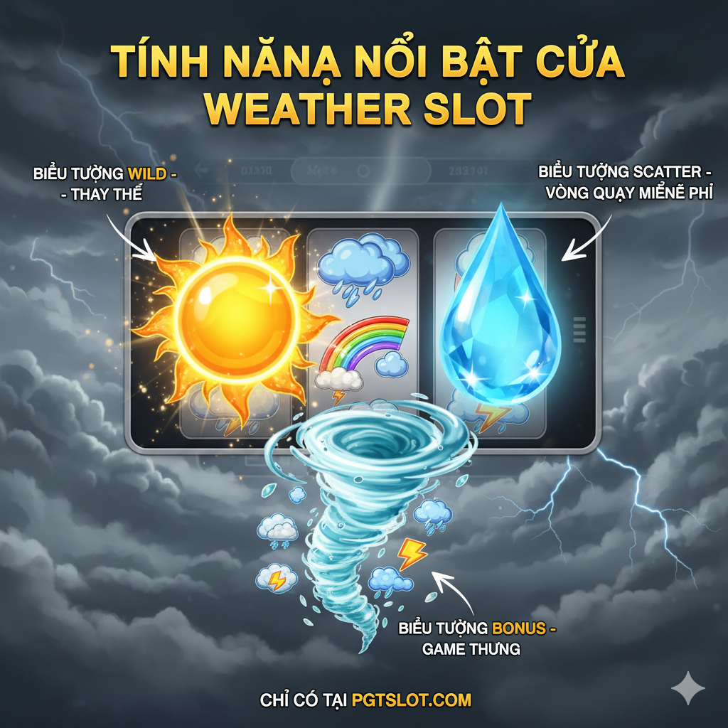 Ảnh minh họa cho phần 'Đặc điểm nổi bật của Weather Slot', tập trung vào các biểu tượng game. Hình ảnh phải thể hiện một giao diện cuộn quay Slot Game cách điệu, với các biểu tượng phóng to và nổi bật: Mặt Trời (Wild) lấp lánh như vàng, Giọt Mưa (Scatter) với hiệu ứng lấp lánh kích hoạt Free Spins, và Lốc Xoáy (Bonus) đang hút các biểu tượng nhỏ hơn. Sử dụng màu sắc tương phản mạnh (xanh dương, vàng, trắng) để làm nổi bật chức năng của từng biểu tượng. Thiết kế nên có mũi tên chỉ dẫn hoặc nhãn nhỏ giải thích vai trò của Wild và Scatter, nhằm thể hiện chức năng cốt lõi của trò chơi.