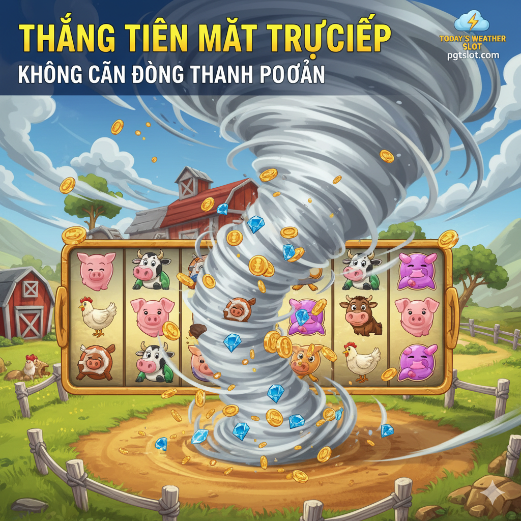 Ảnh minh họa 'tính năng đặc biệt' liên quan đến chiến lược và lối chơi (phần Hướng dẫn). Lấy cảm hứng từ game Tornado Farm Escape, hình ảnh tập trung vào tính năng Lốc Xoáy. Trung tâm ảnh là một cơn lốc xoáy 3D đang quét qua màn hình game, hút các biểu tượng (như lợn, bò, gà) vào tâm bão. Bối cảnh là một trang trại hoạt hình. Một dòng chữ nhỏ, nổi bật (ví dụ: 'Direct Cash Win' hoặc 'Tận dụng Lốc Xoáy') ở góc trên, nhấn mạnh cơ hội thắng tiền mặt trực tiếp mà không cần Payline. Phong cách hoạt hình, màu sắc sống động và hài hước, thể hiện sự kịch tính và độc đáo của tính năng này.