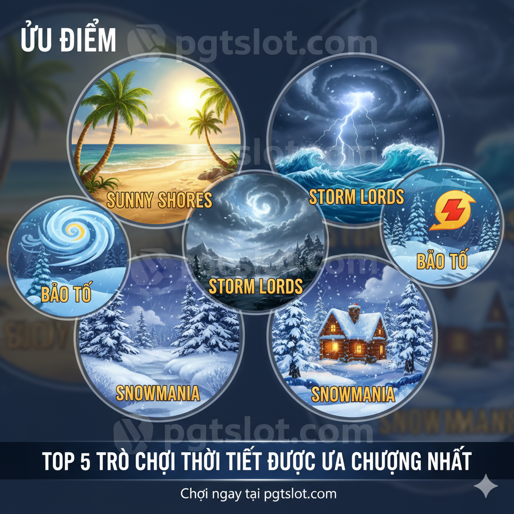 Ảnh thể hiện 'Ưu điểm' của việc chơi tại pgtslot.com, cụ thể là sự đa dạng của các Weather Slot. Hình ảnh là một tập hợp (collage) của các tựa game được đề cập: một góc là cảnh bãi biển nắng vàng (Sunny Shores), một góc là sấm sét cuồng phong (Storm Lords), một góc là tuyết rơi (Snowmania). Tất cả các hình ảnh này được đặt trên nền logo hoặc thương hiệu mờ của 'pgtslot.com'. Sử dụng khung tròn hoặc lăng kính để phân tách các chủ đề thời tiết khác nhau (Nắng, Mưa, Tuyết, Bão) một cách rõ ràng, cho thấy sự lựa chọn phong phú, nhấn mạnh khẩu hiệu 'Top 5 Games', tạo cảm giác chuyên nghiệp và đẳng cấp.