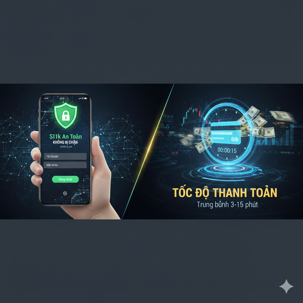 这张图片旨在展示“link vào mới nhất”和“tốc độ thanh toán”的功能特性。构图应分为左右两部分或上下两部分。左侧展示一个手机屏幕,屏幕上是S1111 Slot的登录界面,上方有一个醒目的绿色“Link An Toàn” (Safe Link) 标志,并有一个防盗墙/盾牌的图标,象征“KHÔNG BỊ CHẶN”。右侧或下方应展示快速支付(Quick Payment)的流程,用飞速的钞票流或一个带有计时器和银行卡图标的动画效果来表示“Trung bình 3-15 phút”的快速提款。整体风格应保持科技感和高效率。