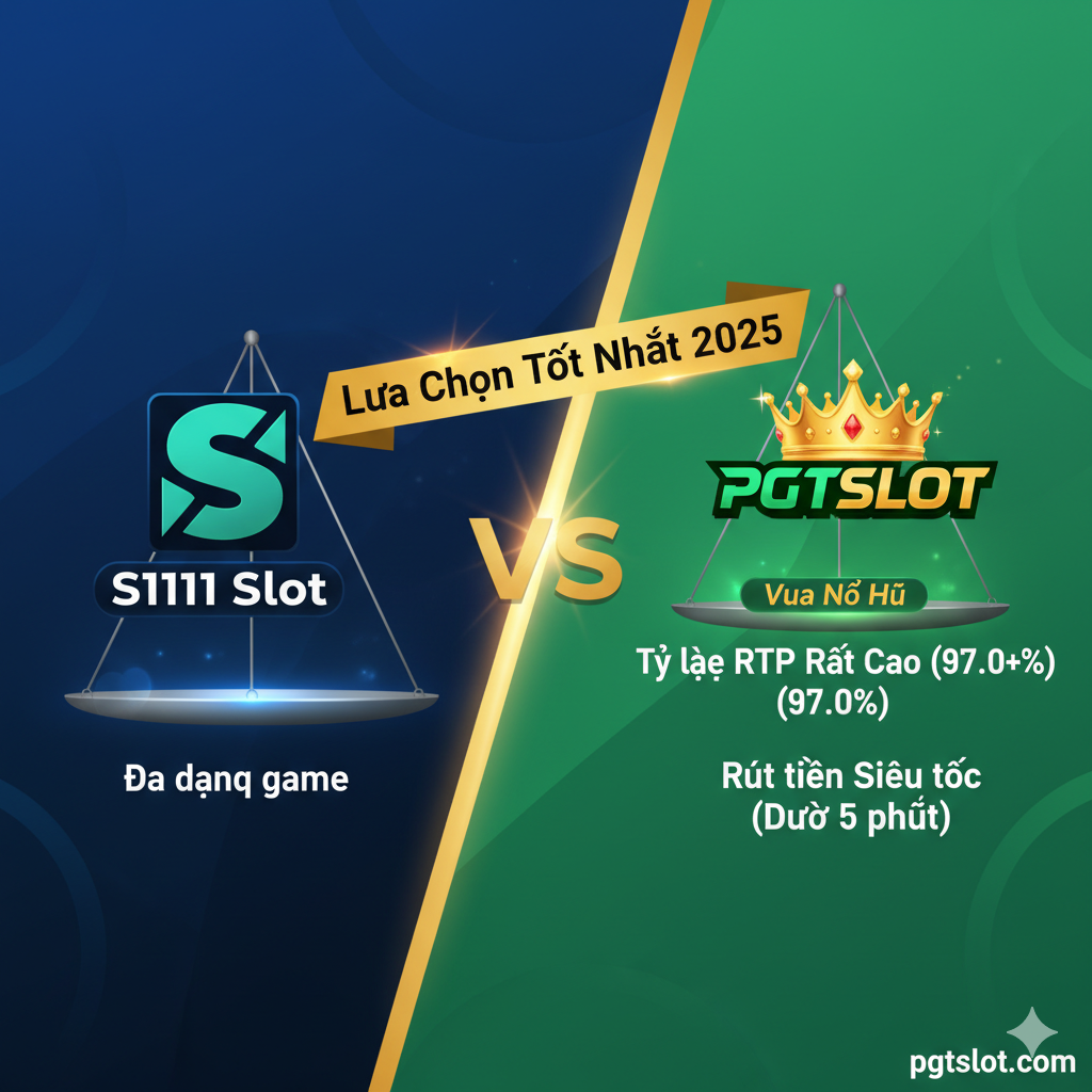Thiết kế một对比总结的图片,用于“S1111 Slot vs PGTSLOT”。构图采用对比天平或VS对战的布局。左侧代表S1111 Slot,使用沉稳的蓝色或深色,突出“Đa dạng game”;右侧代表PGTSLOT,使用更具活力的绿色或金色,突出“Tỷ lệ RTP Rất Cao” (97.0%+) 和 “Rút tiền Siêu tốc (Dưới 5 phút)”,可以用一个上翘的天平或一个带有皇冠的PGTSLOT标志来象征“Vua Nổ Hũ”。中央醒目标注“Lựa Chọn Tốt Nhất 2025”的口号,鼓励用户做出决定。