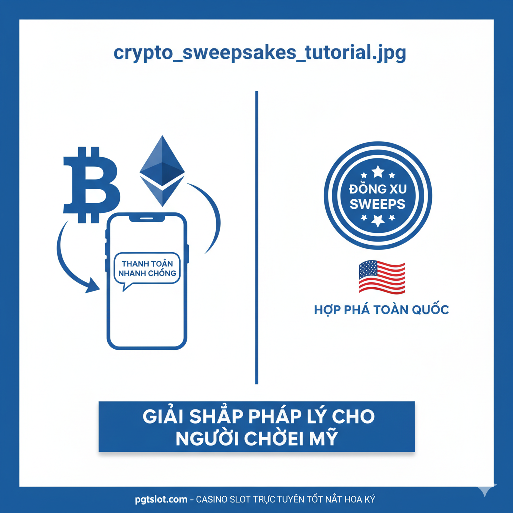 Hình ảnh minh họa Hướng dẫn (Tutorial) về hai giải pháp thanh toán pháp lý cho người chơi Mỹ: Crypto và Sweepstakes. Chia đôi bố cục ảnh. Một nửa bên trái hiển thị biểu tượng Bitcoin/Ethereum và một mũi tên chỉ vào màn hình điện thoại với thông báo 'Fast Payout'. Nửa bên phải hiển thị một biểu tượng vé số hoặc đồng xu 'Sweeps Coin' và một lá cờ Mỹ nhỏ, ám chỉ tính hợp pháp toàn quốc. Cần có một dòng chữ nhỏ 'Legal Solutions for US Players' ở trung tâm. Phong cách tối giản, rõ ràng, sử dụng biểu tượng lớn dễ hiểu và màu xanh/trắng tương phản cao.