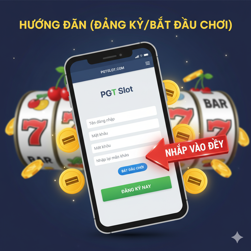 Ảnh minh họa hướng dẫn cách 'tham gia/đăng ký' chơi Slot Game tại PGT Slot. Hình ảnh mô tả một giao diện điện thoại thông minh (smartphone) hoặc máy tính bảng đang hiển thị màn hình đăng ký đơn giản của PGT Slot. Phía sau màn hình, có thể là hình ảnh nền mờ của các biểu tượng Slot Game khác nhau. Một mũi tên hoặc biểu tượng 'Click Here' nổi bật chỉ vào nút 'Đăng ký' hoặc 'Bắt đầu chơi'. Màu sắc nên sử dụng màu thương hiệu của PGT Slot (nếu có) hoặc màu xanh lá/đỏ để thu hút sự chú ý và tạo cảm giác dễ dàng, an toàn khi tham gia.