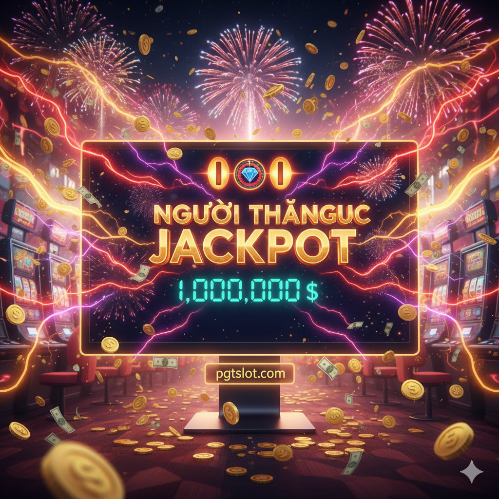 Ảnh minh họa lợi thế lớn nhất của Slot Game: Jackpot. Bức ảnh nên là một cảnh ăn mừng chiến thắng hoành tráng. Một màn hình máy tính lớn hiển thị thông báo 'JACKPOT WINNER' với số tiền thưởng khổng lồ (ví dụ: $1,000,000). Xung quanh màn hình, có những dòng ánh sáng neon, pháo hoa kỹ thuật số và các biểu tượng 'Coin' hoặc 'Tiền' bay lơ lửng. Phong cách hình ảnh cần có tính kích thích cao, thể hiện sự may mắn và cơ hội làm giàu, với tông màu đỏ, vàng và tím (màu quyền lực và giàu có).