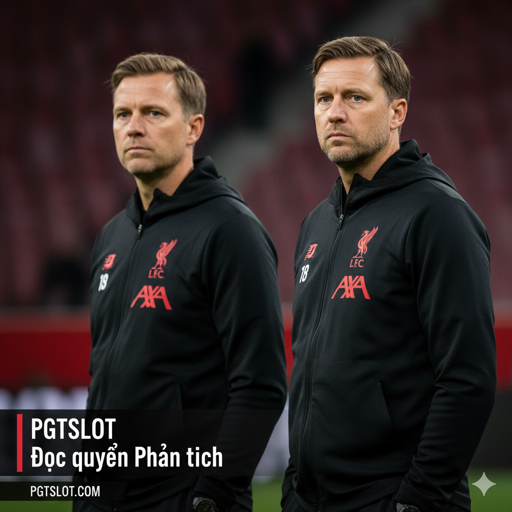 Một bức ảnh chức năng, tập trung vào chiến thuật “Tiki-Taka 2.0” hoặc Pressing Tầm Cao của Arne Slot. Trung tâm bức ảnh là hình ảnh động Slot đang chỉ đạo trước logo Liverpool, nền là sơ đồ chiến thuật trừu tượng với các mũi tên và dấu chấm mô tả các đường chạy phức tạp của việc pressing tầm cao và hoán đổi vị trí linh hoạt. Màu sắc chủ đạo là màu đỏ của Liverpool, kết hợp với các mũi tên và hình hình học màu trắng, tạo cảm giác tốc độ và chiều sâu chiến thuật, thể hiện 'Phân tích Chiến thuật'.