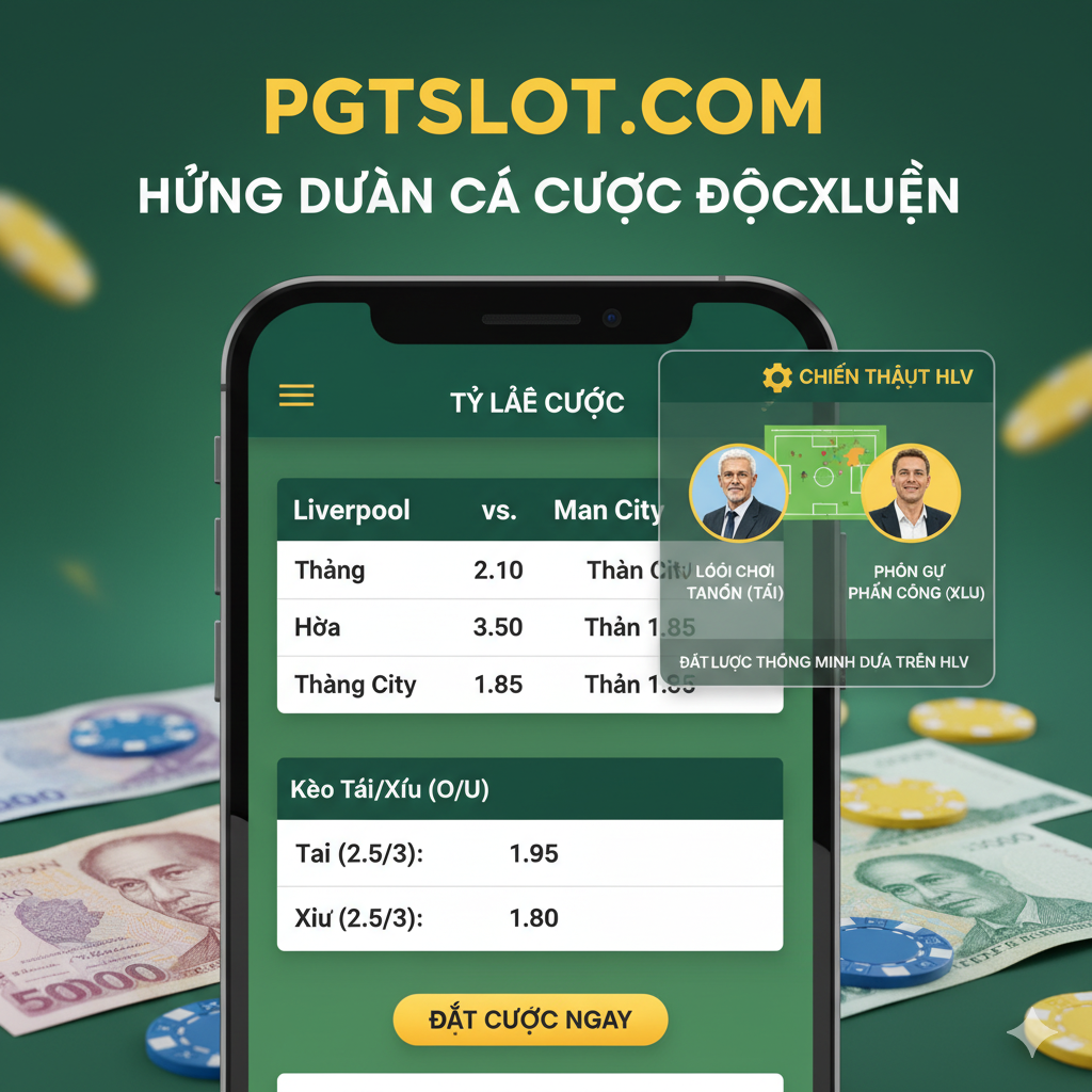 Một bức ảnh hướng dẫn, dùng để liên kết đến mục “Góc Cá cược Độc quyền PGTSLOT”. Bức ảnh nên mô tả giao diện thiết bị di động ảo, hiển thị bảng “Tỷ lệ Cược” hoặc giao diện cá cược thể thao. Màn hình bao gồm tỷ lệ cược trận đấu ảo (ví dụ: Liverpool vs. Man City), cùng với sơ đồ chiến thuật nhỏ, trong suốt chồng lên (ví dụ: giải thích 'Kèo Tài/Xỉu' O/U). Màu sắc sử dụng màu thương hiệu của pgtslot.com (giả sử là xanh lá/vàng kim), nền có thể là một số hình ảnh mờ của tiền Việt Nam hoặc chip, tăng cường chủ đề cá cược, nhấn mạnh hướng dẫn 'Đặt cược thông minh dựa trên HLV'.