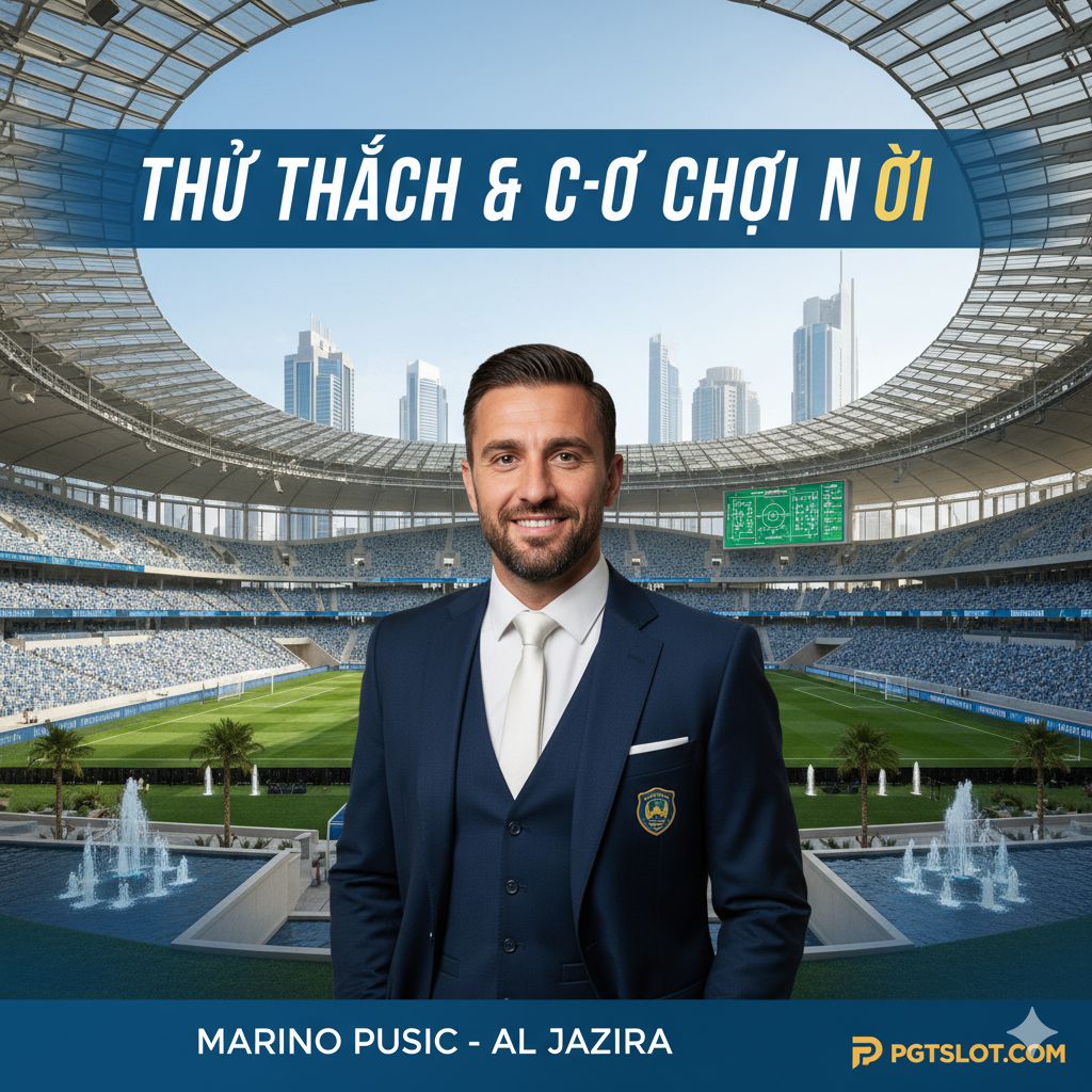 Một bức ảnh ưu điểm, tập trung vào thử thách mới của Marino Pusic ở Al Jazira. Pusic mặc đồng phục hoặc trang phục chính thức của Al Jazira (UAE) đứng trước một sân vận động hoặc sân tập hiện đại ở Trung Đông, thể hiện sự tự tin hoặc quyết tâm. Bối cảnh nên có yếu tố kỳ lạ và công nghệ cao. Có thể thêm một yếu tố tương phản, chẳng hạn như sự thành công của Pusic trong việc áp dụng triết lý chiến thuật vào các bối cảnh văn hóa khác nhau, nhấn mạnh tính 'độc lập' và 'khả năng thích nghi' của anh ấy với vai trò huấn luyện viên trưởng. Phong cách ảnh tươi sáng, đầy hy vọng, thể hiện 'Thử thách' và 'Cơ hội'.