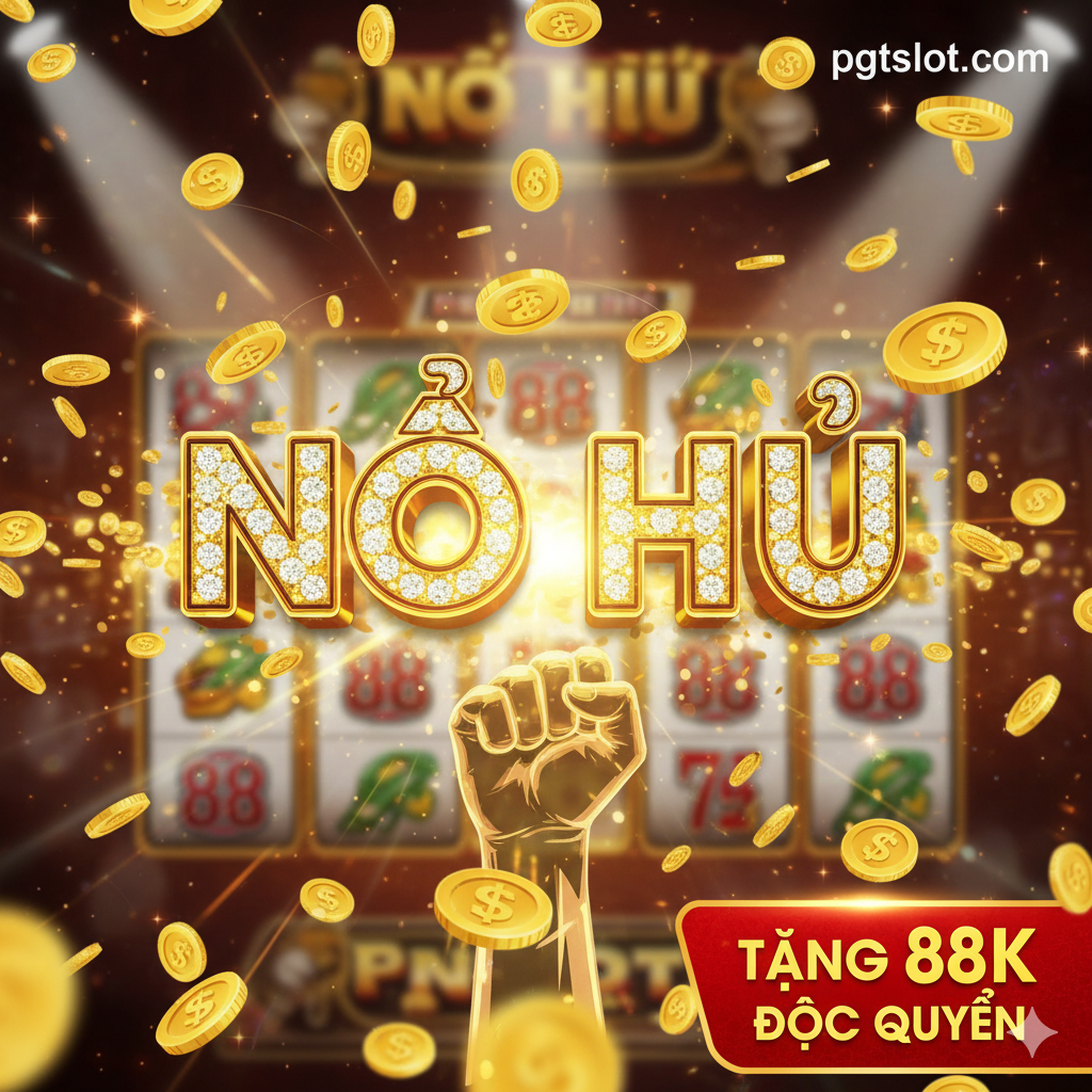 总结图片，旨在营造兴奋感和胜利气氛。主要元素是一个巨大的'JACKPOT'或'NỔ HŨ'（爆罐）字样，周围是瀑布般的金币和闪耀的聚光灯。中心可以是一个虚拟的玩家形象（或抽象的手）举起胜利的拳头，背景是模糊的pgtslot.com Slot游戏界面。在底部或角落清晰地再次展示'TẶNG 88K ĐỘC QUYỀN'（独家赠送88K），作为一个强烈的行动呼吁（CTA）。整体色彩应是明亮、饱和的金色和红色，充满活力和激励性，对应文章的'Kết Luận & CTA'。