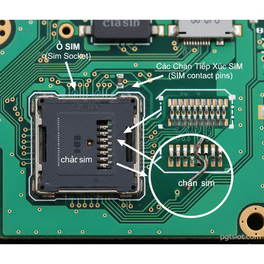 Ảnh phóng to một phần mainboard của Nokia N8, tập trung vào bộ phận Ổ SIM (Sim Socket) đã được hàn. Các nhãn dán chỉ rõ vị trí Ổ SIM và Chân Tiếp Xúc SIM. Hiển thị một chân tiếp xúc bị cong hoặc gãy với hiệu ứng kính lúp.