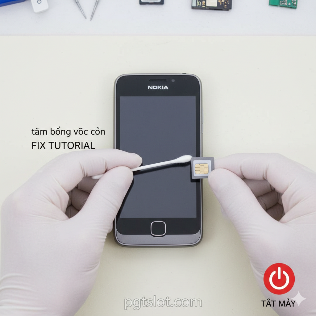 Ảnh chụp từ trên xuống, một bàn tay đeo găng trắng đang dùng tăm bông nhỏ với cồn để vệ sinh nhẹ nhàng bên trong khe SIM của điện thoại Nokia N8. Bên cạnh là một thẻ Mini SIM chuẩn.