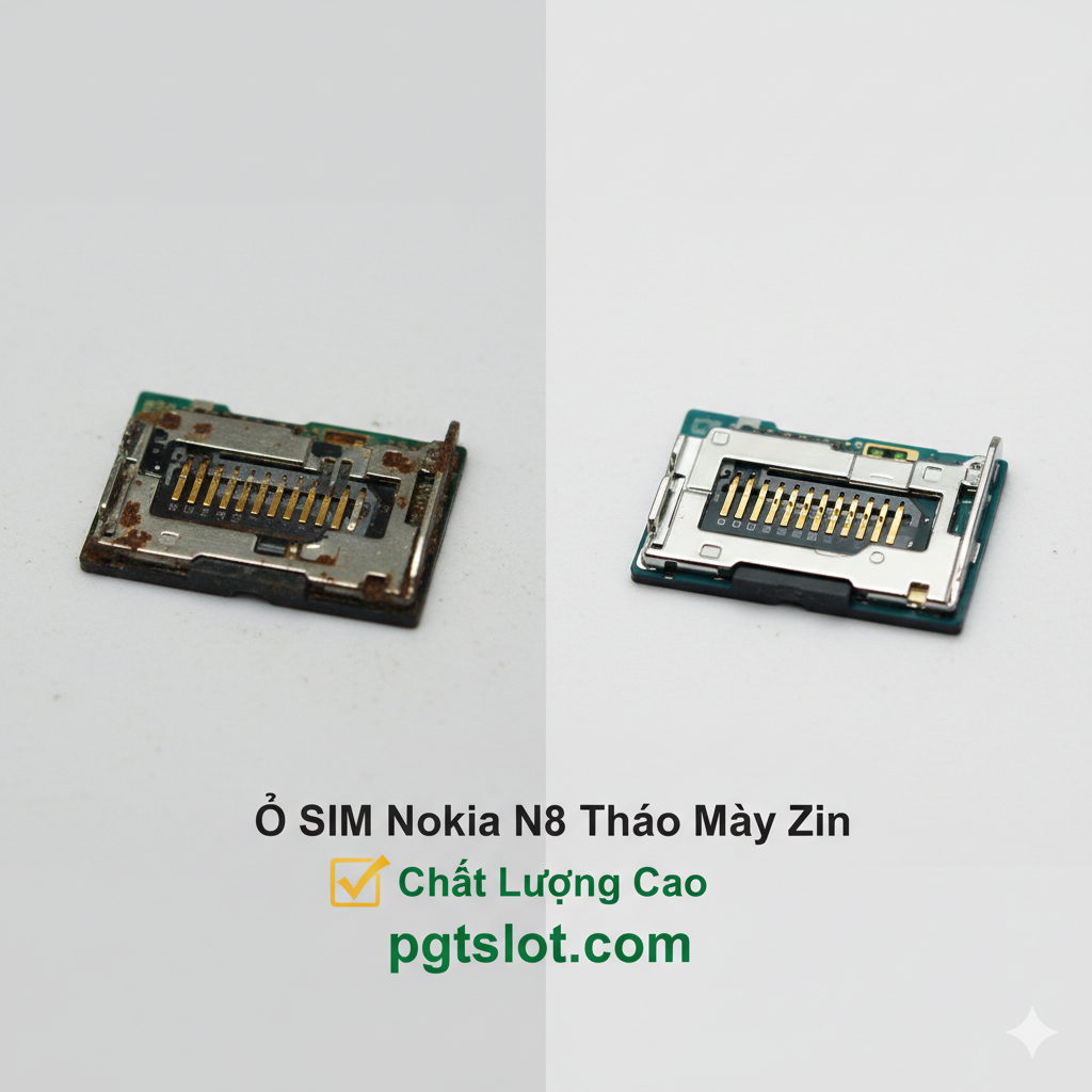 So sánh giữa một Ổ SIM Nokia N8 cũ bị hư hỏng, rỉ sét và một Ổ SIM Nokia N8 mới, sáng bóng (Zin tháo máy). Nhấn mạnh vào chất lượng linh kiện mới với logo pgtslot.com và dấu tích xanh.