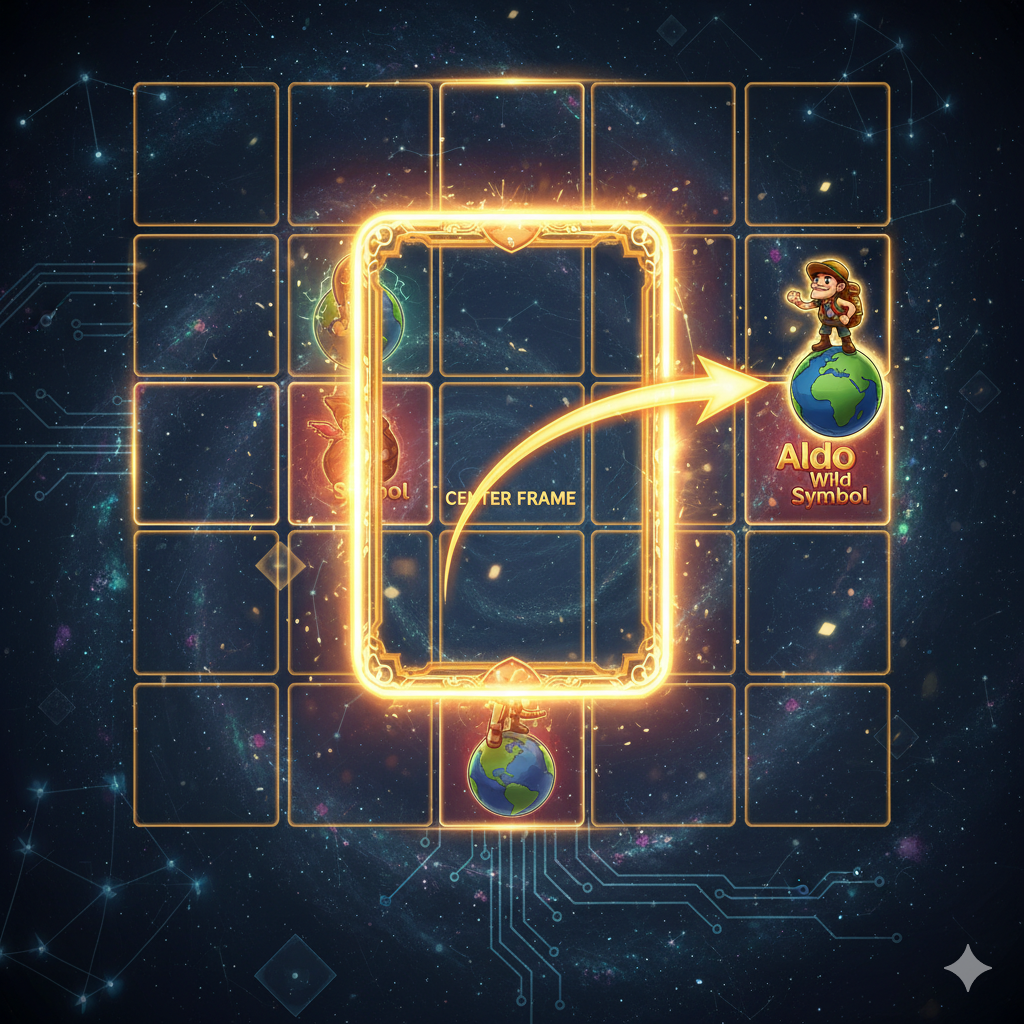 ภาพแสดงกลไกหลักของเกม: 'Journey Framework' และ 'Aldo Wild Symbol' แสดงถึงการจัดวางตาราง 5x5 โดยเน้นที่ Center Frame มีสัญลักษณ์ Aldo Wild กำลังเคลื่อนที่ไปสู่ Center Frame พร้อมลูกศรและไฮไลท์เพื่ออธิบายกลไกการเรียกใช้ Free Spins