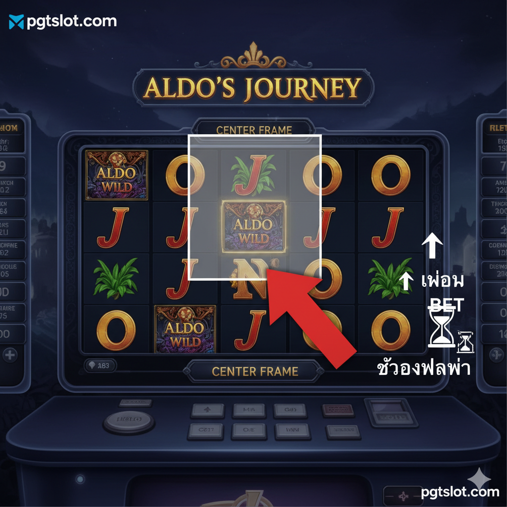 ภาพแสดงกลยุทธ์ 'รอโบนัส (Center Frame Focus)' โดยเน้นตำแหน่งของ Aldo Wild ที่อยู่ใกล้กับ Center Frame พร้อมลูกศรสีแดงขนาดใหญ่ชี้ไปยัง Center Frame และมีไอคอนแสดงการ '↑ BET' เพื่อแนะนำให้เพิ่มเดิมพันเมื่อใกล้ถึงรอบโบนัส