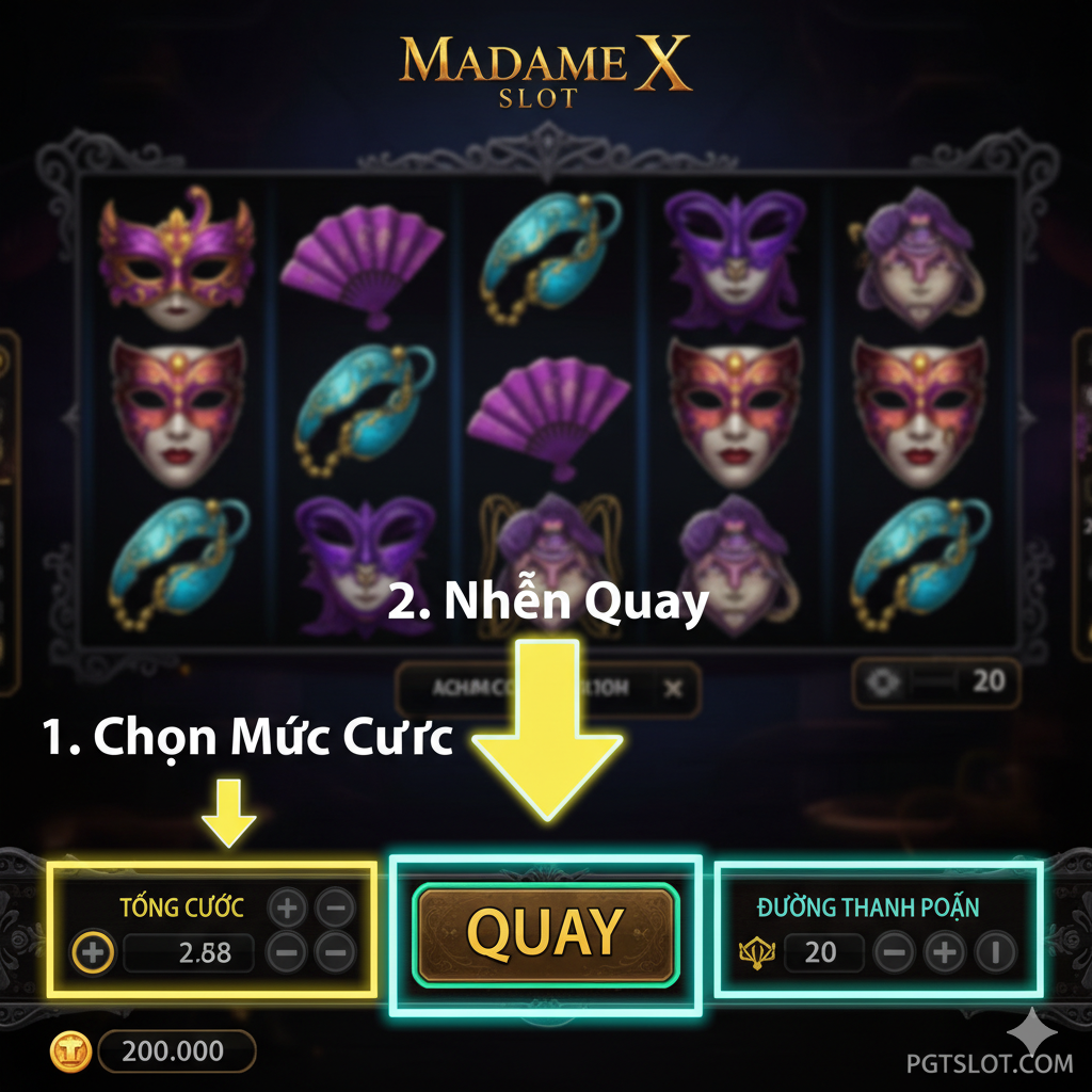 一张清晰的游戏界面教程图，展示Madame X老虎机的底部控制面板。重点突出Spin (Quay)按钮、Total Bet (Tổng Cược)区域和Paylines (Đường Thanh Toán)设置。使用箭头或高亮框（如霓 neon绿或黄色）指导用户操作：1. Chọn Mức Cược, 2. Nhấn Quay. 风格应实用且信息 lượng lớn, bối cảnh là cảnh game tone màu tối, đảm bảo thông tin nút điều khiển rõ ràng dễ đọc, nhằm cung cấp hướng dẫn trực quan cho “cách chơi Madame X Slot”.