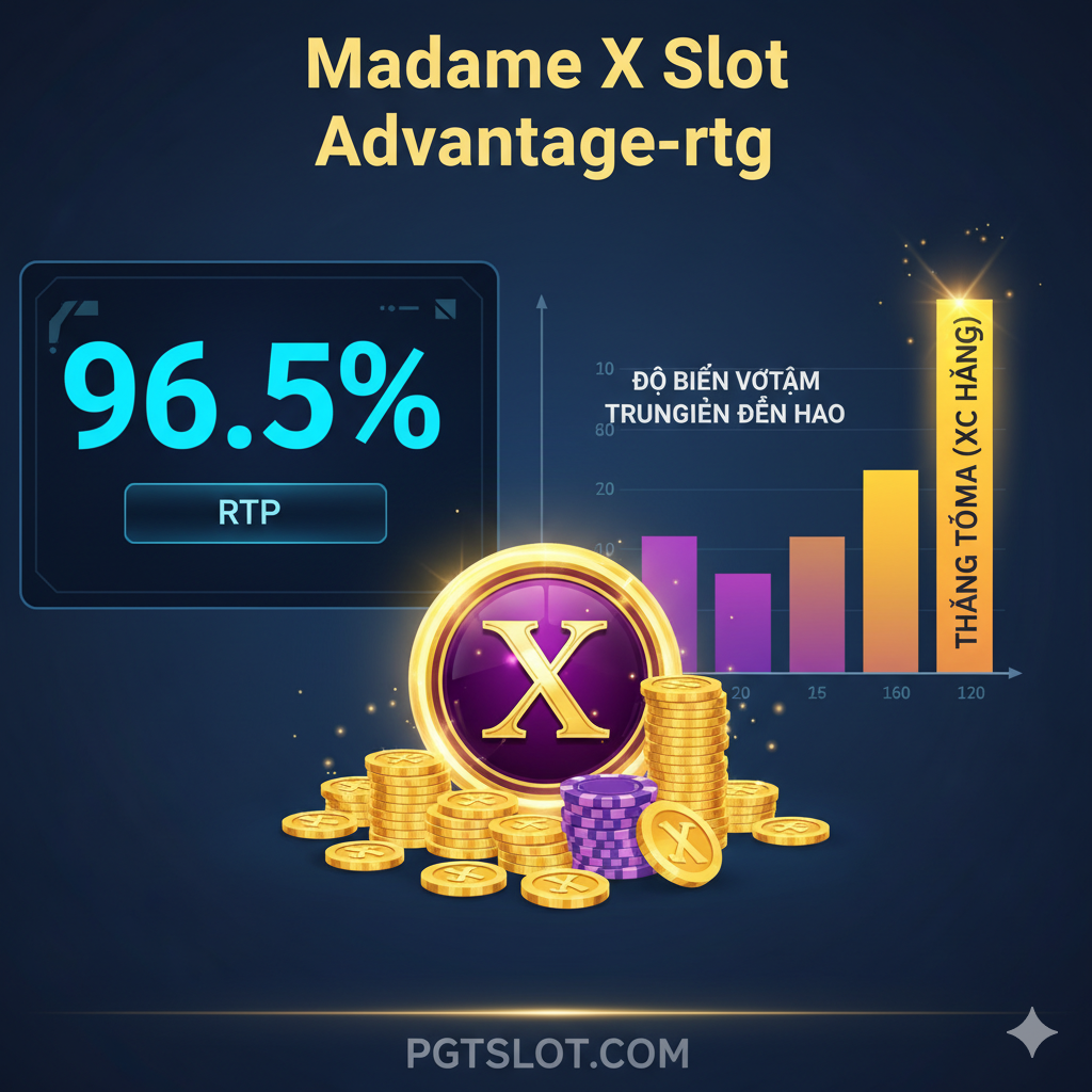 一张以数据和优势为核心的图片。画面左侧是一个醒目的RTP（Return to Player）百分比数字（例如：96.5%），右侧是描述“Độ Biến Động Trung Bình đến Cao”的图表或文字，用对比色强调Max Win (Thắng Tối Đa)的巨大潜力。整体采用干净的、带有科技感的界面风格，可能在背景融入一些金色硬币或筹码堆，表达高回报的优势，符合“máy slot Madame X RTP”的分析主题。