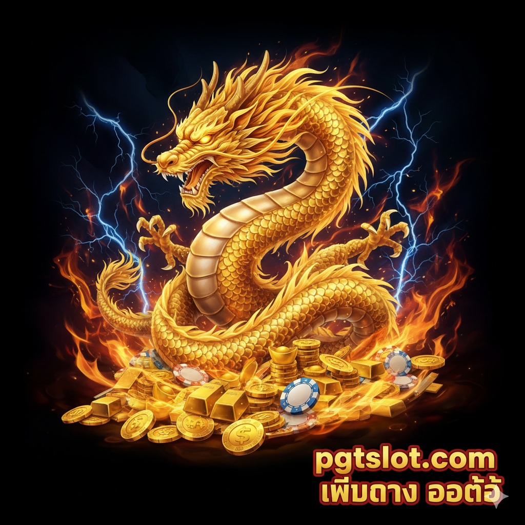 ออกแบบโปสเตอร์ที่มีมังกรทองบนกองเหรียญพร้อมตัวอักษร pgtslot.com เว็บตรง ออโต้