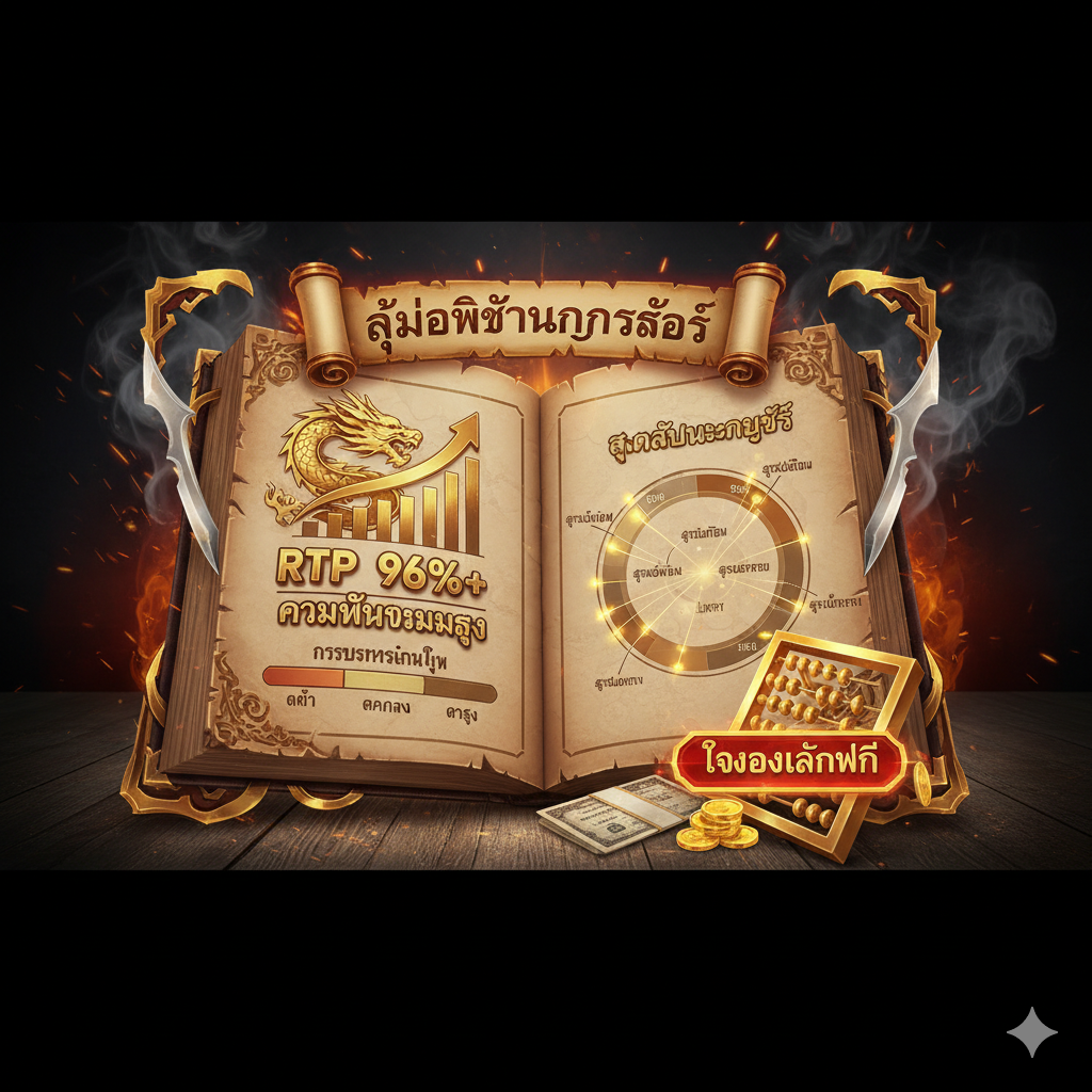 ภาพวาดเหมือนคัมภีร์ที่มีตัวเลข RTP, Volatility, และคำว่า 'ทดลองเล่นฟรี' พร้อมสัญลักษณ์เหรียญและเครื่องคิดเลข