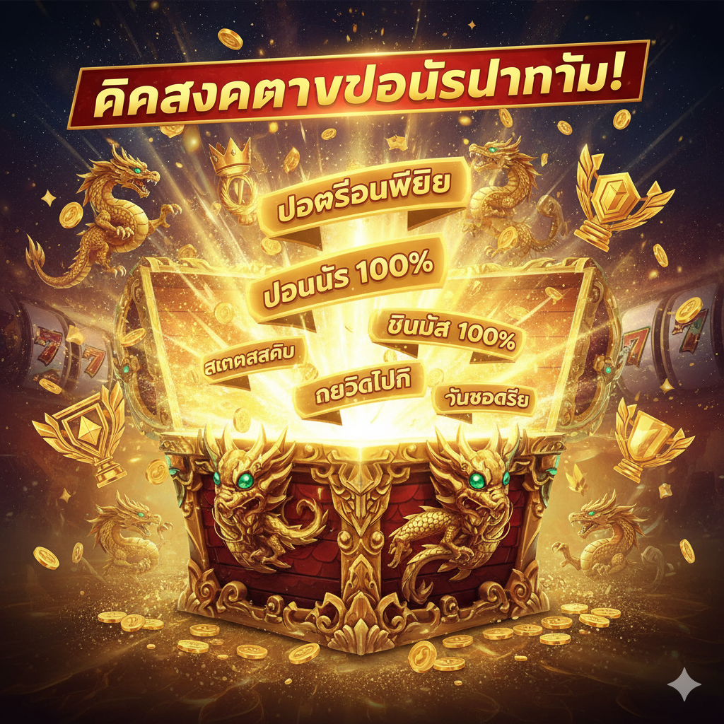 ภาพกล่องของขวัญขนาดใหญ่ที่เปิดออกและมีแสงส่องประกาย พร้อมกับป้ายโบนัสต่างๆ เช่น โบนัส 100%, เครดิตฟรี, คืนยอดเสีย และคำว่า 'คลิกสมัครรับโบนัสทันที!'