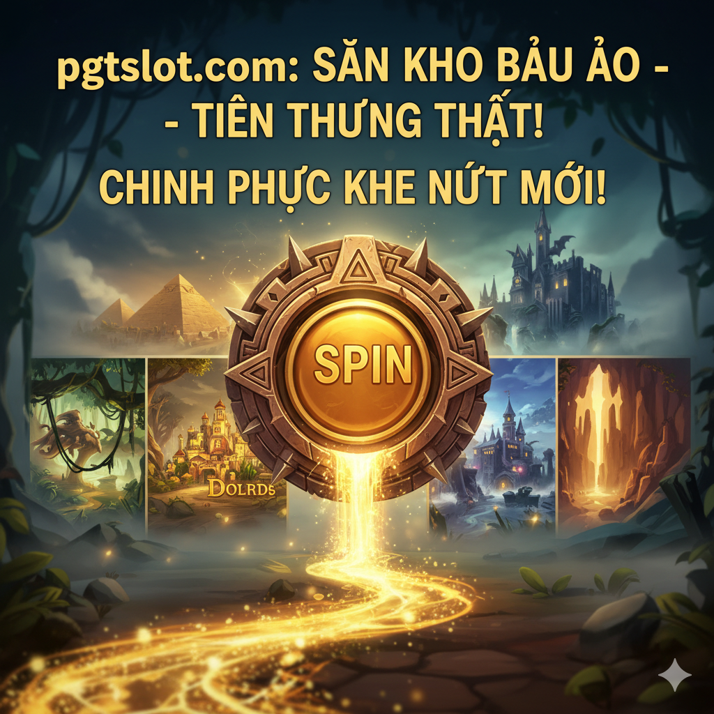 Một hình ảnh tóm tắt, đưa sự “phiêu lưu” và “thám hiểm” trong Slot Game lên thành một lời kêu gọi hành động (CTA). Trung tâm là một biểu tượng vòng quay Slot (Spin Button) được thiết kế giống như một chiếc la bàn cổ hoặc một 'cánh cổng' dẫn vào một thế giới ảo. Từ cánh cổng này, một dòng suối vàng kim hoặc ánh sáng rực rỡ chảy ra, phía sau là bóng dáng của 5 chủ đề game (Kim tự tháp, Rừng rậm, Ma cà rồng Gothic, El Dorado). Cần có một dòng chữ lớn và rõ ràng 'pgtslot.com: Săn Kho Báu Ảo - Tiền Thưởng Thật!' hoặc 'Chinh Phục Khe Nứt Mới!'.