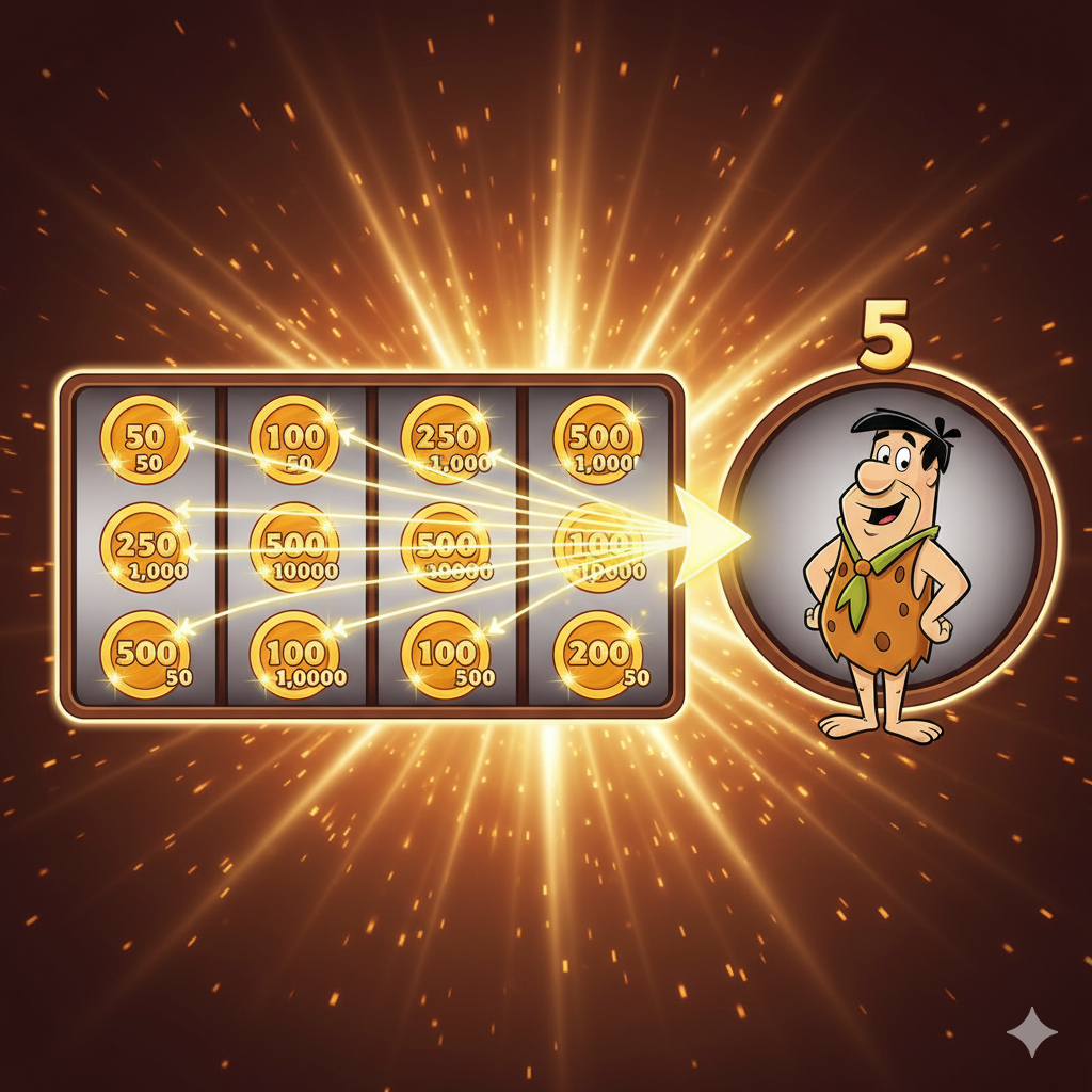 ภาพที่เน้นฟีเจอร์เด่น 'Cash Collect' และ 'Yabba Dabba Doo Feature' ของสล็อต Blueprint Gaming จัดองค์ประกอบแบบไดอะแกรม: ด้านซ้ายแสดงวงล้อสล็อต 4 วงที่มีสัญลักษณ์เงินสด (เหรียญทองคำที่มีค่าตัวเลข) และด้านขวาแสดงวงล้อที่ 5 ที่มีรูป Fred Flintstone เป็นสัญลักษณ์ Collector มีลูกศรแสงสีทองพุ่งจากสัญลักษณ์เงินสดไปยัง Fred เพื่อสื่อถึงการรวบรวมเงินรางวัล พื้นหลังมีแสงสว่างและประกายไฟเพื่อแสดงถึงโบนัสที่กำลังจะเกิดขึ้น เน้นความตื่นเต้นของรางวัลเงินสดทันที.