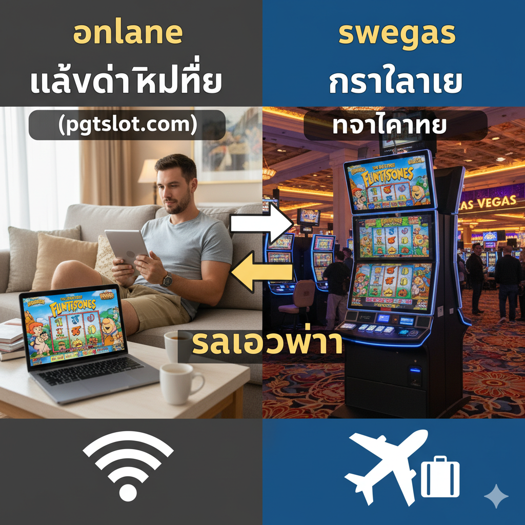 ภาพเปรียบเทียบข้อดีของการเล่นสล็อต The Flintstones ออนไลน์กับตู้สล็อตจริงในลาสเวกัส จัดองค์ประกอบเป็น 2 คอลัมน์ที่ชัดเจน: คอลัมน์ซ้าย (ออนไลน์) แสดงภาพสบายๆ ของคนเล่นอยู่บ้านบนโซฟาพร้อมแล็ปท็อป/มือถือ มีข้อความ 'Play Anywhere (pgtslot.com)' คอลัมน์ขวา (ตู้จริง) แสดงภาพตู้สล็อต WMS ในคาสิโนหรูหราพร้อมไอคอนเครื่องบินหรือกระเป๋าเดินทาง มีข้อความ 'Travel Required' เน้นที่ความสะดวกสบายและเข้าถึงง่ายของการเล่นออนไลน์ในยุคปัจจุบัน.
