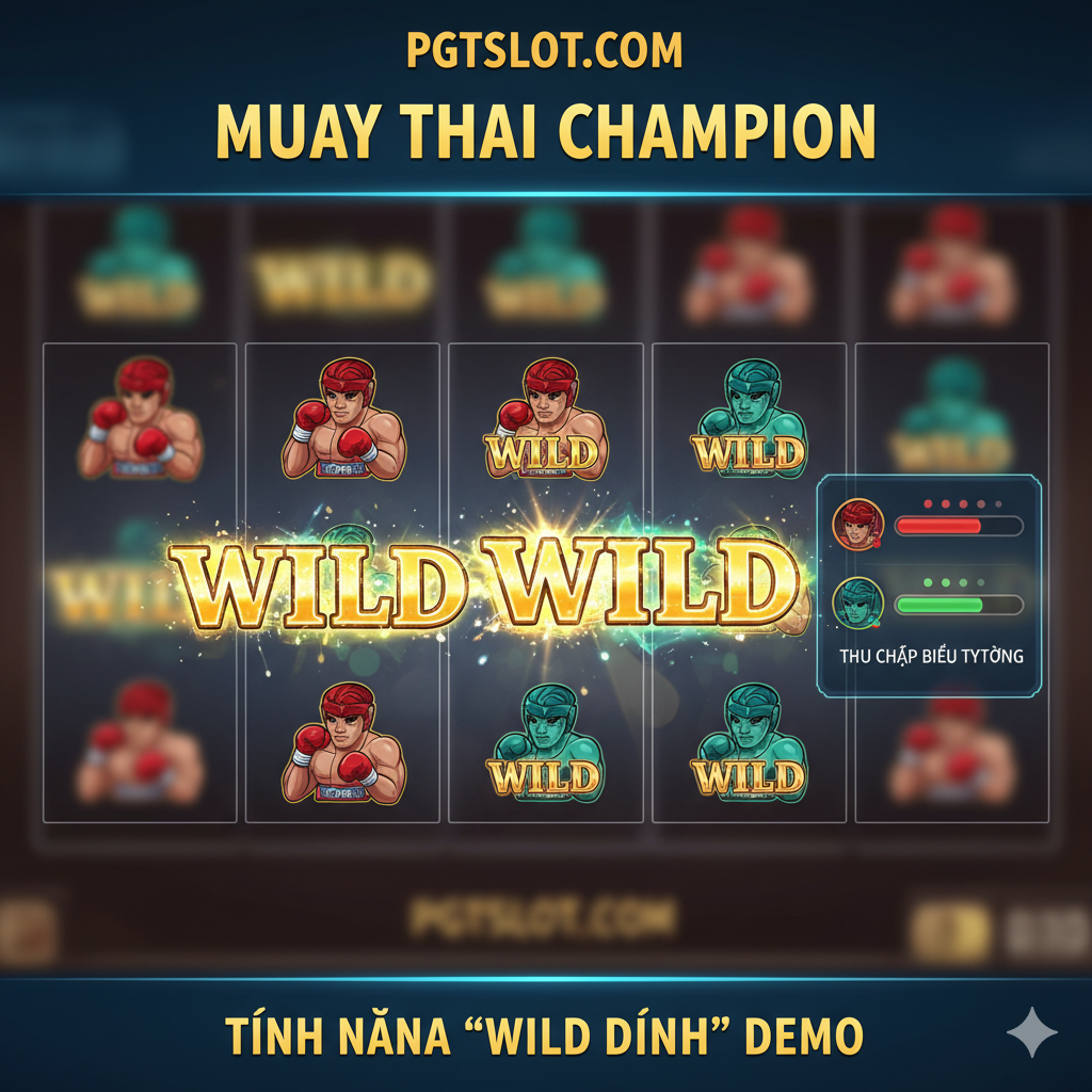 Hình ảnh minh họa tính năng 'Wild of the Champion' (Wild Dính). Cấu trúc ảnh là một phần màn hình quay slot 5x3, với các biểu tượng Võ Sĩ Đỏ và Xanh vừa xuất hiện và đang biến thành các biểu tượng 'Wild' lớn, lấp lánh (Sticky Wilds). Cần có một khung nhỏ bên cạnh cuộn quay hiển thị quá trình thu thập biểu tượng võ sĩ. Màu sắc tươi sáng, sử dụng các hiệu ứng ánh sáng vàng và xanh lá cây để làm nổi bật các Wild đã được khóa lại trên cuộn, thể hiện cơ hội thắng lớn.