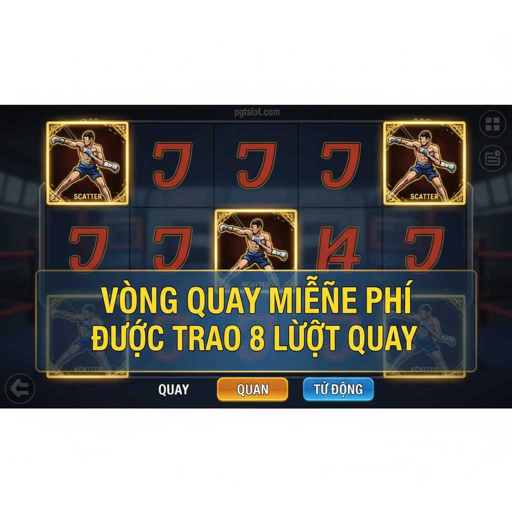 Hình ảnh hướng dẫn kích hoạt Vòng Quay Miễn Phí (Free Spins). Ảnh chụp màn hình game hiển thị rõ 3 biểu tượng Scatter (có thể là hình ảnh võ sĩ đang chiến đấu) xuất hiện rải rác trên các cuộn. Một banner/thông báo lớn với chữ 'FREE SPINS' hoặc '8 FREE SPINS AWARDED' nổi bật ở trung tâm màn hình. Phong cách đơn giản, tập trung vào các biểu tượng Scatter để người chơi dễ dàng nhận diện yếu tố then chốt để vào vòng thưởng lớn nhất.