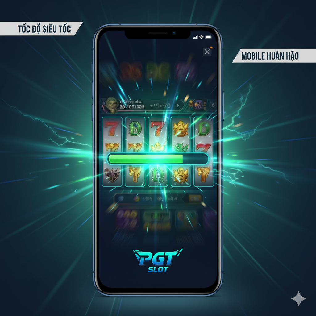 Hình ảnh tập trung vào PGT Slot 的 'Tốc Độ Tải Siêu Tốc & Tối Ưu Mobile Hoàn Hảo' 功能。主画面是一个正在高速加载中的老虎机游戏界面，显示在一部高端智能手机上。在屏幕周围有闪电或加速的动态光效，象征速度。背景可以模糊处理，突出手机界面。在图片上方或角落用越南语标注 'Tốc Độ Siêu Tốc' 或 'Mobile Hoàn Hảo'。色彩采用亮眼的蓝色和绿色，传达效率和现代感。构图强调手机屏幕居中，视觉焦点集中在加载进度条上。
