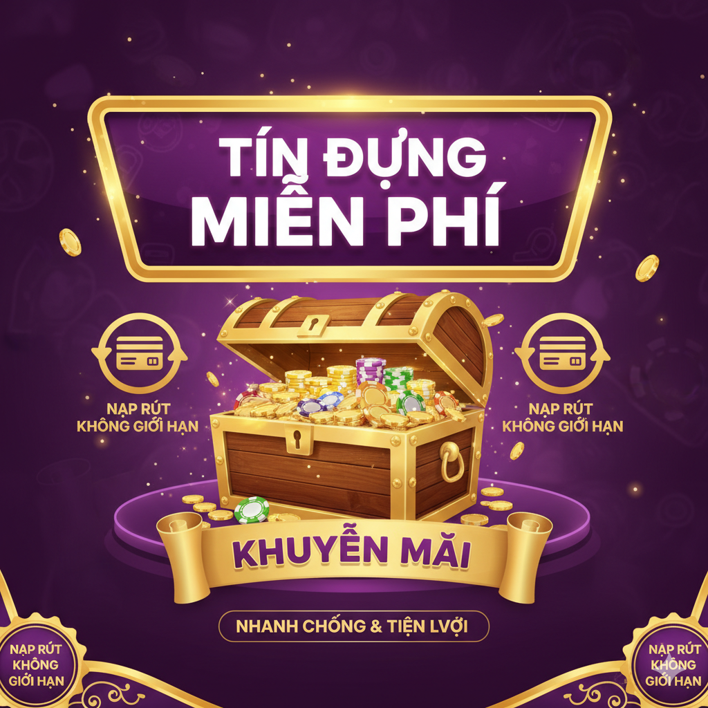 Tuyên truyền Khuyến Mãi và Tín Dụng Miễn Phí (เครดิต ฟรี). Hình ảnh宝箱装满金币/筹码, có banner “เครดิต ฟรี” và các biểu tượng “Nạp Rút Không Giới Hạn”.