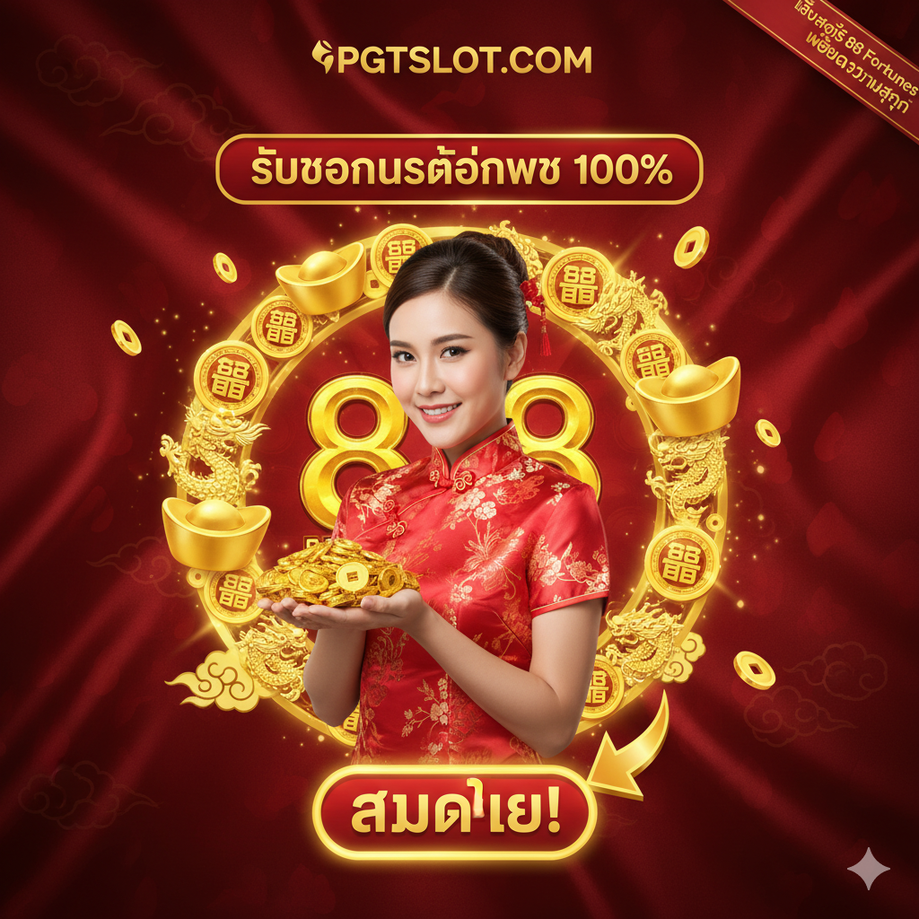 总结图片,旨在促使读者进行下一步行动(注册/存款)。图片应展示pgtslot.com的标志和一个诱人的促销优惠,例如**“100% Welcome Bonus”或“รับเครดิตฟรี”的横幅。主体可以是一个美女荷官或一个手持金币的中国幸运人物插画,背景是88 Fortunes的主题元素。构图要动态且有号召力**,用箭头指向一个**“สมัครเลย!” (立即注册!)** 的大按钮或文字,将玩乐和赢钱的概念连接起来。