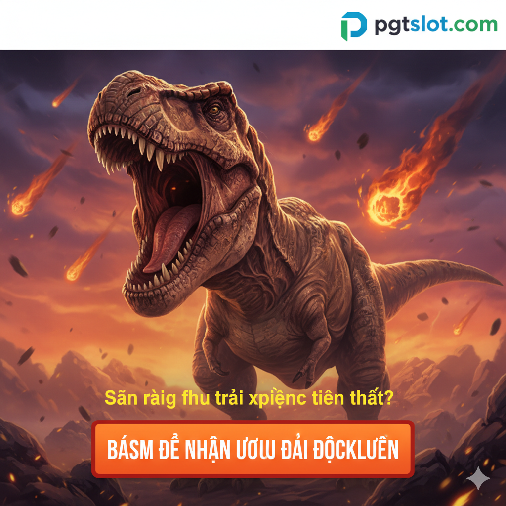 Hình ảnh tổng kết và kêu gọi hành động cho pgtslot.com. Thiết kế dạng banner cuối bài. Nền ảnh là một phần giao diện đẹp của Raging Rex (ví dụ: cảnh Thiên thạch rơi). Có một nút bấm hoặc hình khối màu đỏ/cam nổi bật với dòng chữ tiếng Việt: 'CHƠI RAGING REX BẰNG TIỀN THẬT TẠI CASINO UY TÍN' hoặc 'BẤM ĐỂ NHẬN ƯU ĐÃI ĐỘC QUYỀN'. Chèn logo pgtslot.com ở vị trí dễ thấy. Bố cục rõ ràng, mạnh mẽ, hướng người dùng đến hành động cuối cùng là chuyển sang chơi bằng tiền thật.