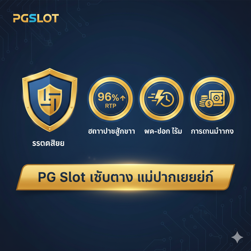 ภาพที่เน้นฟังก์ชันหลักและข้อดีของ PG Slot เว็บตรง ไม่ผ่านเอเย่นต์ ในรูปแบบการเปรียบเทียบหรือรายการไอคอน ภาพหลักคือไอคอนรูปโล่ซึ่งเป็นสัญลักษณ์ของความปลอดภัยและความมั่นคง มีไอคอนวงกลม 3 อันเรียงกันอยู่ด้านข้าง ซึ่งแสดงถึง 1. RTP (ตัวเลขเปอร์เซ็นต์สูง เช่น 96% ขึ้นไป), 2. Speed (ฟ้าผ่าหรือนาฬิกา เน้นการฝาก-ถอนที่รวดเร็ว), 3. Financial Security (เหรียญที่ซ้อนกันหรือตู้เซฟของธนาคาร) โทนสีโดยรวมเป็นสีหลักของ PGTSLOT (เช่น ทอง/น้ำเงิน) โดยมีเส้นที่สะอาดและทรงพลัง เน้นย้ำภาพลักษณ์ที่เป็นมืออาชีพของ “ระบบเสถียร” และ “อัตราจ่ายสูงกว่า”