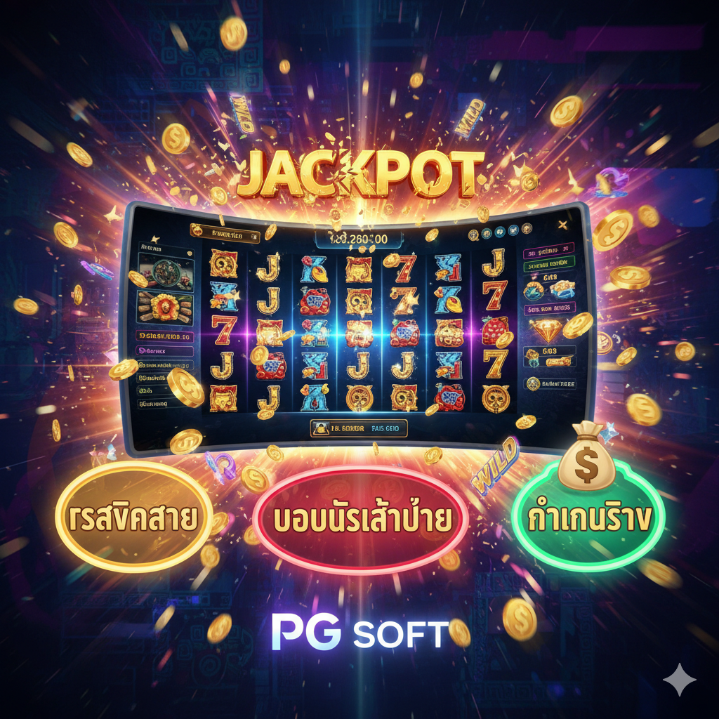 ภาพที่แสดงข้อดีของเกม PG Soft “แตกง่าย” และมีคุณภาพสูง ตรงกลางของภาพควรเป็นหน้าจอที่แสดงกราฟิก 3D ที่สวยงามของเกมสล็อต PG (เช่น Treasures of Aztec หรือ Ways of the Qilin) โดยมีตัวเลขแจ็คพอตที่ด้านบนของหน้าจอเพิ่มขึ้นอย่างรวดเร็ว รอบๆ หน้าจอมีเหรียญทองและสัญลักษณ์พิเศษ (Wild, Scatter) กระเด็นอยู่ ด้านล่างสามารถใส่โลโก้ PG Soft ได้ ภาพควรมีสีสันสดใสและเต็มไปด้วยการเคลื่อนไหว โดยเน้นที่ประสบการณ์การเล่นเกมที่ “กราฟิกสวย” “โบนัสเข้าบ่อย” และ “ทำเงินจริง”