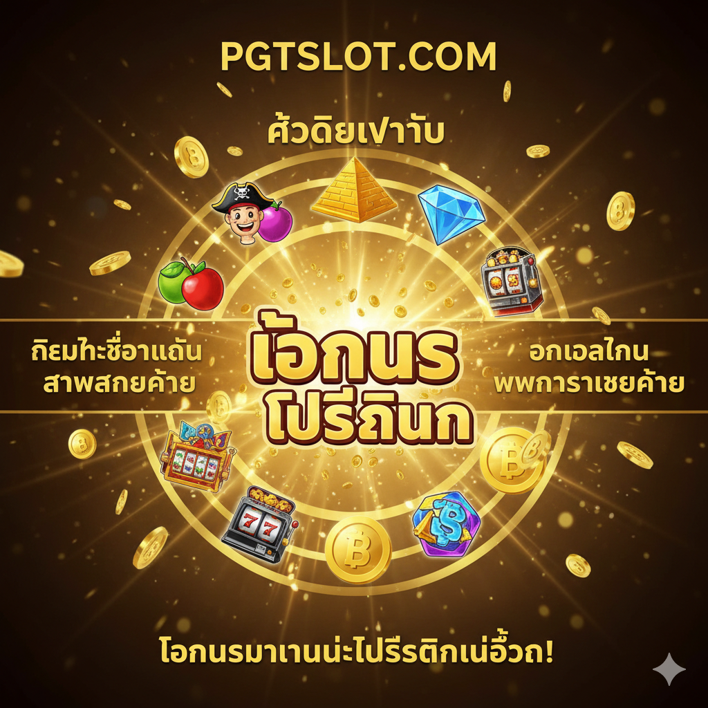 这张图片旨在展示 pgtslot.com 的优势：游戏多样性和丰厚的奖金。画面中心是一个爆炸性的'Bonus'或'Free Spin'字样，周围环绕着各种不同主题的经典老虎机图标（例如：水果、海盗、埃及金字塔等），代表游戏的多样性（'เกมให้เลือกเล่นหลากหลายค่าย'）。构图采用放射状，从中心向外散发金色的光芒和泰铢符号，强调'โอกาสในการชนะรางวัลใหญ่'。整体风格应是引人注目の，色彩饱和度高，充满赢得大奖的兴奋感。