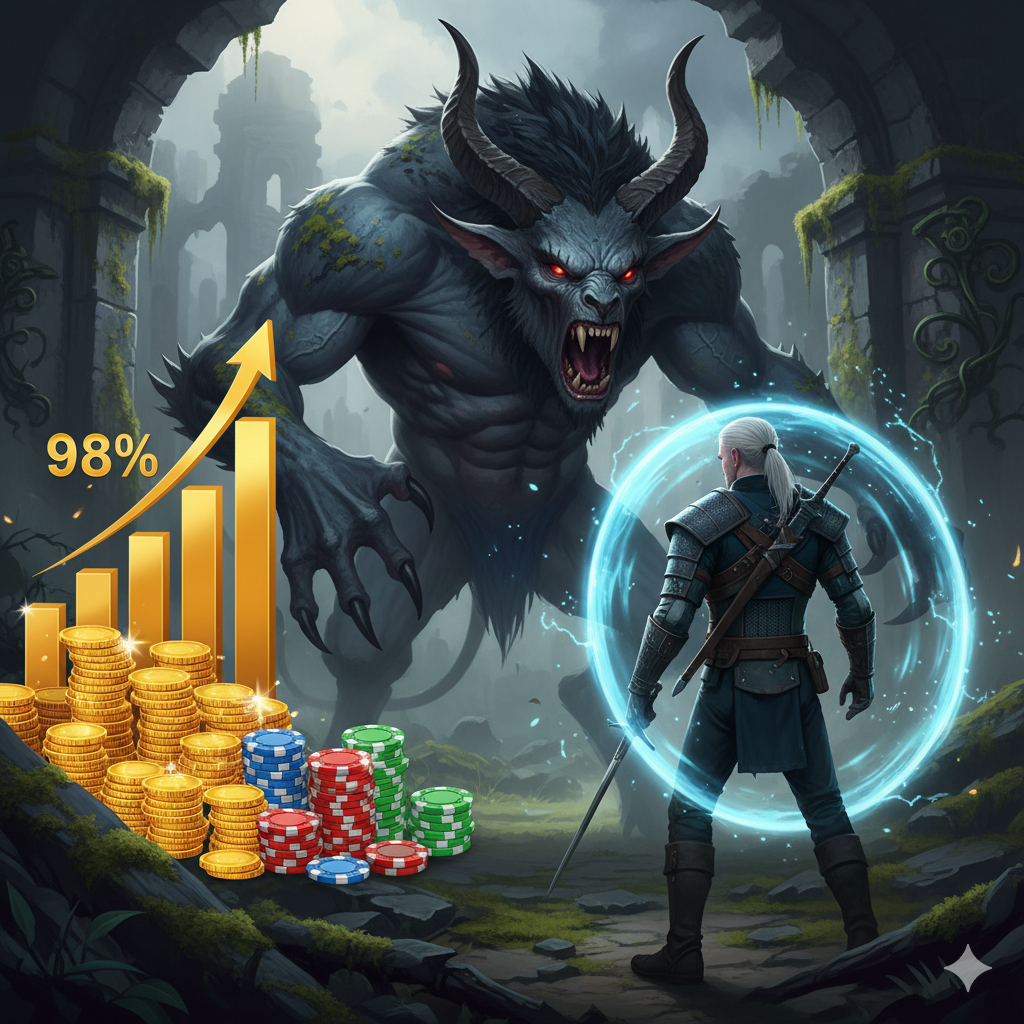 ภาพแสดงคอนเซ็ปต์ 'การจัดการความเสี่ยง (Risk Management)' โดยมี Geralt กำลังเผชิญหน้ากับสัตว์ประหลาดที่น่าเกรงขาม (เช่น Griffin หรือ Fiend) แต่มีโล่พลังงานสีฟ้า (Sign of Quen) ล้อมรอบอยู่ เพื่อสื่อถึงการป้องกันและความปลอดภัย ในพื้นหลังมีกราฟแท่งหรือสถิติตัวเลขที่กำลังพุ่งสูงขึ้น (Profit/High-RTP) คู่กับสัญลักษณ์เหรียญทองหรือชิปคาสิโนกองใหญ่ ภาพเน้นแสงและเงาที่ตัดกันเพื่อสื่อถึงความเสี่ยงที่อยู่ตรงหน้า แต่ถูกจัดการด้วย 'ทักษะ/กลยุทธ์' ที่เหมาะสม ทำให้เกิดข้อได้เปรียบ