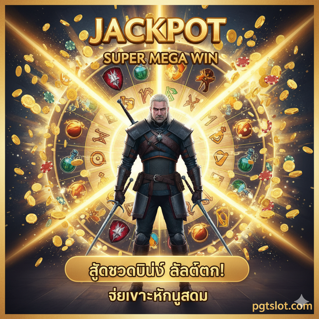 ภาพสรุปที่สื่อถึง 'เป้าหมายสูงสุด' หรือ 'Jackpot' แสดง Geralt of Rivia ในชุดเกราะที่สมบูรณ์แบบ (Ultimate Build) ยืนอย่างมั่นคงถือดาบและมีแสงออร่าเปล่งประกายรอบตัว คู่กันกับการระเบิดของแสงและเหรียญทอง/ชิปคาสิโนที่กำลังไหลออกมาจากวงล้อสล็อตขนาดใหญ่ที่ด้านหลัง ใช้โทนสีสว่างและสดใส (ทอง, เหลือง, ขาว) เป็นหลักเพื่อสื่อถึง 'ชัยชนะ' และ 'ความสำเร็จ' ขั้นสูงสุด (Jackpot/Super Mega Win) โดยเน้นให้เห็นถึงความเชื่อมโยงระหว่าง 'Build ที่สมบูรณ์' กับ 'การได้แจ็คพ็อต'