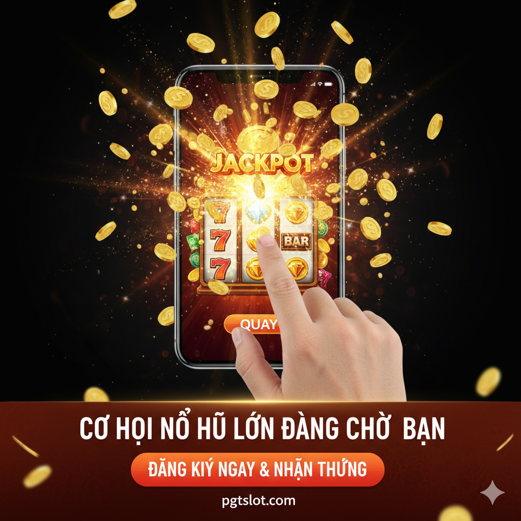 Ảnh tổng kết và kêu gọi hành động (Call to Action). Hình ảnh một bàn tay đang chạm vào nút 'SPIN' hoặc 'QUAY' trên màn hình điện thoại di động (tối ưu cho trải nghiệm mobile) với hình ảnh nền là hiệu ứng Jackpot vừa nổ, tiền vàng đang đổ xuống. Dưới hình ảnh là một banner lớn với dòng chữ tiếng Việt nổi bật như 'CƠ HỘI NỔ HŨ LỚN ĐANG CHỜ BẠN' và một nút CTA nổi bật 'ĐĂNG KÝ NGAY & NHẬN THƯỞNG'. Phong cách hiện đại, góc nhìn từ trên xuống, tạo cảm giác hành động trực tiếp. Màu sắc: Cam, đỏ và vàng nổi bật.