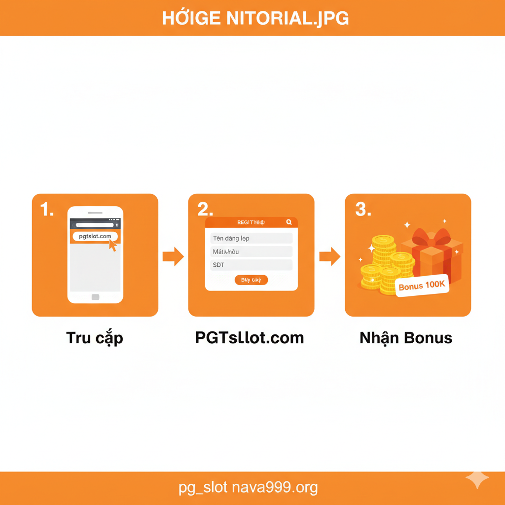 Một清晰简洁的教程指导图，关于快速注册和获取奖励。图片采用明亮的橙色和白色，强调易用性。将画面分为三个步骤，像一个信息图表。第一步展示一个手机界面，突出“Truy cập PGTslot.com”；第二步展示一个简单的注册表单；第三步展示一堆金币和一个带有“Bonus 100K”字样的礼盒，表示“Nhận Bonus”。使用箭头连接步骤，风格扁平化和图标化，以便用户快速理解操作流程。