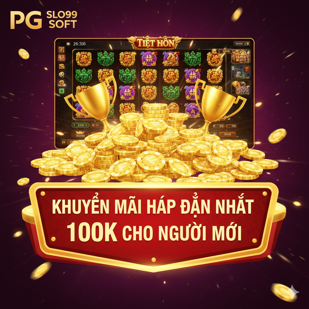 Một hình ảnh突出PGTslot.com的优势——丰厚的促销活动。主视觉为一堆巨大的、闪闪发光的金色筹码和奖杯，背景是PG Soft的经典老虎机游戏画面。在前景放置一个醒目的横幅或徽章，上面写着“Khuyến mãi Hấp Dẫn Nhất”和具体的数字“100K cho người mới”。色彩饱和度高，光影效果强烈，以吸引眼 cầu，激发用户对高额奖励的兴趣。整体构图需要充满活力和财富感。