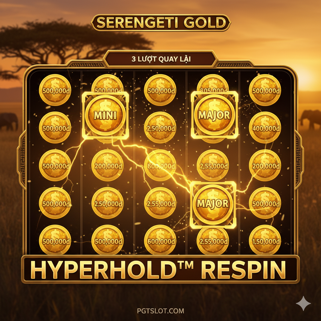 Hình ảnh minh họa cho tính năng HyperHold™ Respins. Bố cục tập trung vào màn hình game khi tính năng HyperHold đang hoạt động. Các cuộn quay phải được lấp đầy bởi các biểu tượng Tiền (Money Symbol - hình tròn vàng với giá trị tiền) và ít nhất một biểu tượng Jackpot (Mini hoặc Major) đang khóa lại. Hiển thị rõ ràng số Lượt quay lại (Respins) đang đếm ngược (ví dụ: '3 Respins'). Màu sắc vàng kim và ánh sáng chói lòa nên làm nổi bật các biểu tượng chiến thắng. Thể hiện sự kịch tính và tiềm năng thắng lớn của tính năng.