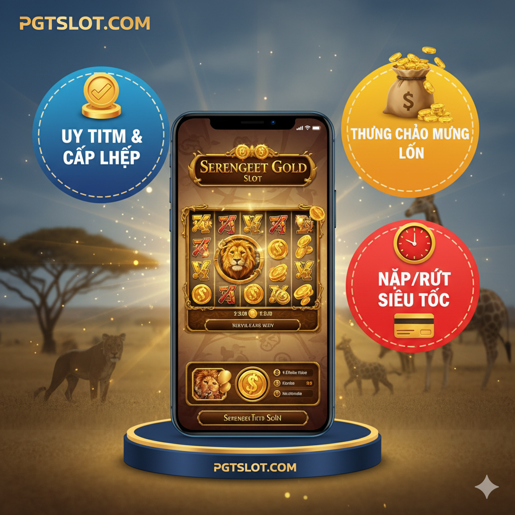 Hình ảnh minh họa lợi thế khi chơi game tại pgtslot.com. Trung tâm là một chiếc điện thoại di động (smartphone) hiển thị màn hình game Serengeti Gold Slot đang hoạt động, tượng trưng cho khả năng chơi trên di động. Xung quanh chiếc điện thoại là các biểu tượng hoặc huy hiệu nhỏ đại diện cho các ưu điểm: Huy hiệu 'Uy tín & Cấp phép', Biểu tượng 'Thưởng Chào Mừng Lớn' (ví dụ: một túi tiền), và Biểu tượng 'Nạp/Rút Siêu Tốc' (ví dụ: đồng hồ tốc độ và thẻ ngân hàng). Sử dụng màu sắc thương hiệu của pgtslot (nếu có) để tạo sự liên kết, tông màu tổng thể tươi sáng, đáng tin cậy.