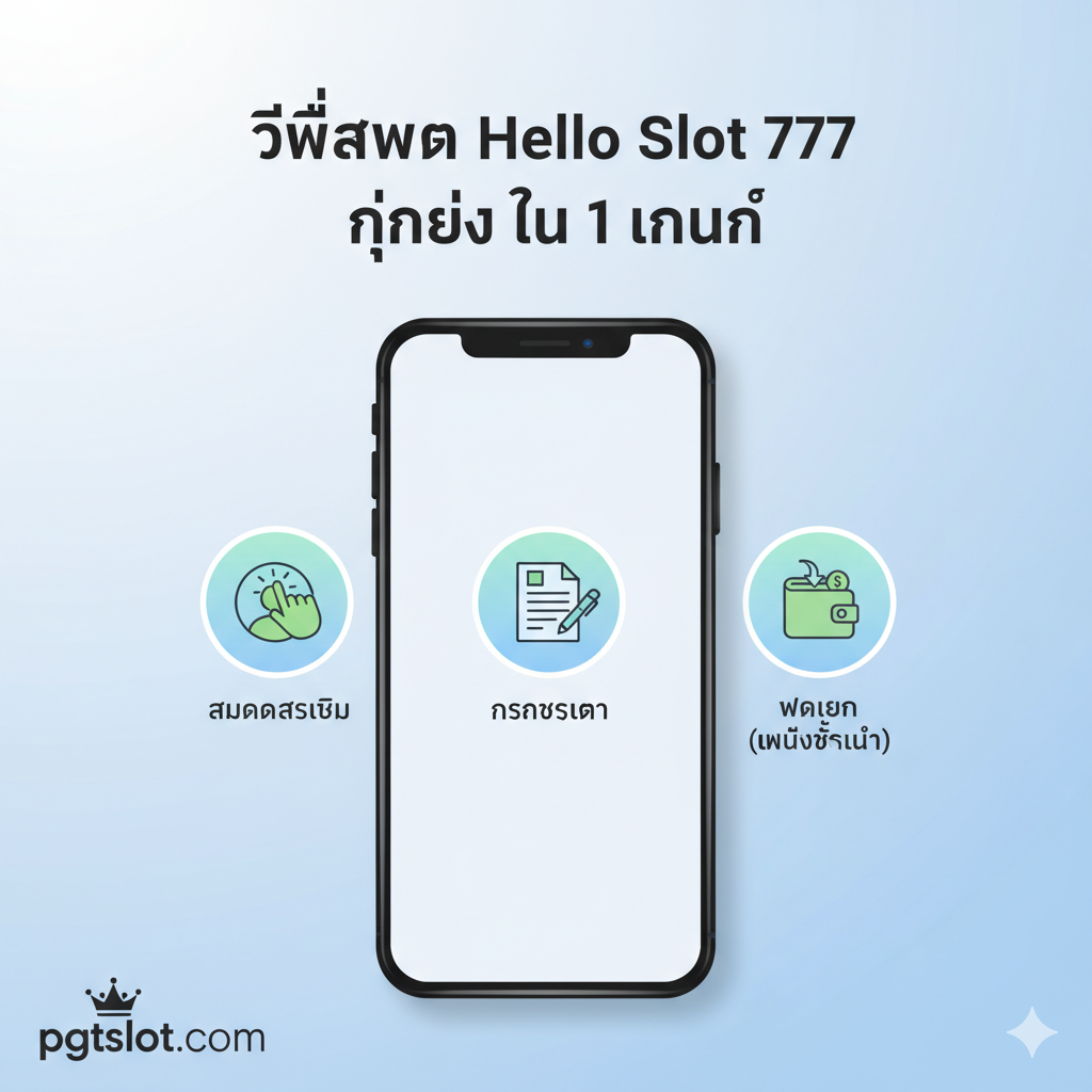 ภาพสอนการใช้งาน (Tutorial) ที่แสดงขั้นตอนการ 'สมัคร Hello Slot 777' บนมือถืออย่างง่ายๆ โดยมีกราฟิกรูปสมาร์ทโฟนอยู่ตรงกลาง แสดง 3 ขั้นตอนหลักเป็นไอคอนพร้อมข้อความภาษาไทยสั้นๆ: 1) ไอคอน 'คลิก/สมัคร': 'สมัครสมาชิก' 2) ไอคอน 'ฟอร์ม': 'กรอกข้อมูล' 3) ไอคอน 'ฝากเงิน/Wallet': 'ฝากเงิน (ไม่มีขั้นต่ำ)' มีหัวข้อที่ชัดเจนด้านบนว่า 'วิธีสมัคร Hello Slot 777 ง่ายๆ ใน 1 นาที' (ภาษาไทย) พื้นหลังเรียบง่าย สะอาดตา โลโก้ pgtslot.com อยู่ที่มุมล่าง