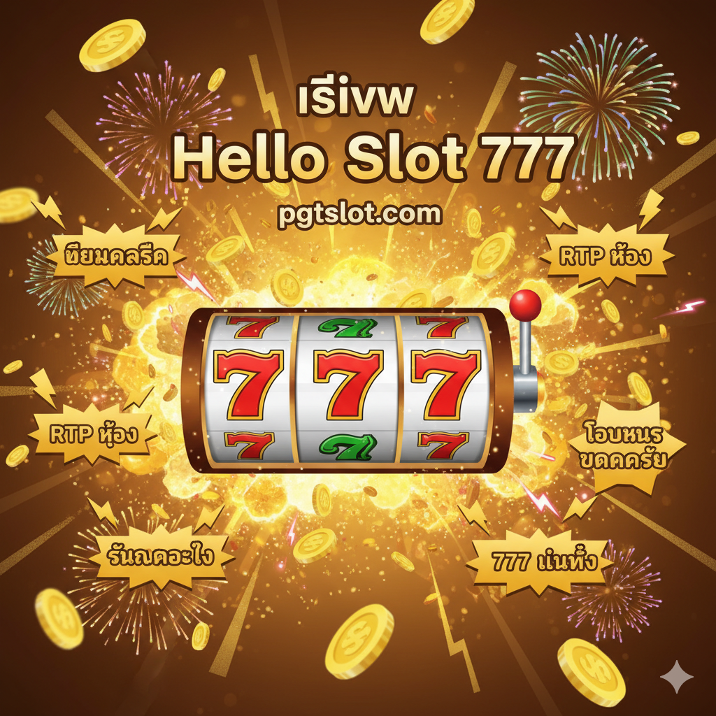 ภาพสรุป (Summary) ที่เน้นรีวิวเกม 'Hello Slot 777' ว่าคืออะไร แสดงวงล้อสล็อตแมชชีนสไตล์คลาสสิกที่กำลังแจ็คพอตแตก โดยมีเลข '777' ปรากฏชัดเจน รอบๆ วงล้อมีข้อความไฮไลต์จุดเด่นของเกมเป็นภาษาไทย เช่น 'ธีมคลาสสิก', 'RTP สูง', 'โบนัสแตกง่าย' และ 'สัญลักษณ์ 777 นำโชค' องค์ประกอบโดยรวมต้องดูสนุกสนาน มีการเฉลิมฉลอง เช่น พลุ หรือเหรียญที่โปรยปราย โลโก้ 'pgtslot.com' และคีย์เวิร์ด 'Hello Slot 777' ต้องปรากฏอย่างชัดเจน