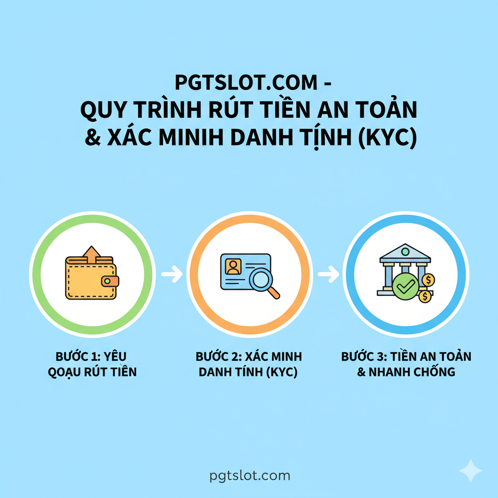 Hình ảnh hướng dẫn minh họa cho 'Quy Trình Rút Tiền An Toàn' và 'Xác minh Danh tính (KYC)' (Mục 3.1). Hình ảnh nên mô tả quy trình 3 bước đơn giản hóa: Bước 1: Người chơi yêu cầu rút tiền (biểu tượng ví tiền và mũi tên ra). Bước 2: Hệ thống xác minh danh tính KYC (biểu tượng Chứng minh thư/Hộ chiếu và kính lúp). Bước 3: Tiền được chuyển an toàn và nhanh chóng vào tài khoản ngân hàng (biểu tượng ngân hàng và dấu tick lớn). Màu sắc tươi sáng, sử dụng infographic đơn giản, dễ hiểu để thể hiện sự minh bạch và tốc độ.