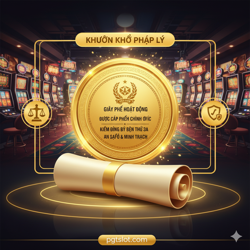 Hình ảnh minh họa cho 'Giấy Phép Hoạt Động & Chứng Nhận' (Mục 2.1), thể hiện lợi thế về uy tín và pháp lý. Một cuộn giấy chứng nhận hoặc một con dấu vàng lớn, có biểu tượng của một cơ quan cấp phép uy tín (ví dụ: CEZA hoặc con dấu kiểm toán iTech Labs/eCOGRA) đặt nổi bật. Phông nền là một sòng bạc ảo sáng lấp lánh, nhưng toàn bộ sòng bạc được bao bọc bởi khung pháp lý (Legal Framework). Hình ảnh cần truyền tải sự tin cậy tuyệt đối, với màu vàng kim và trắng là chủ đạo, nhấn mạnh tính hợp pháp và kiểm soát bên thứ ba.