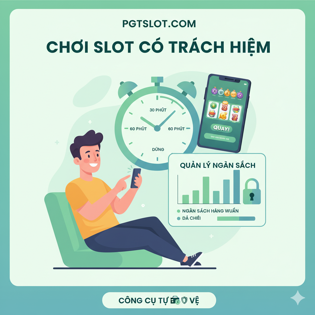 Hình ảnh tóm tắt cho phần 'Chơi Slot Có Trách Nhiệm' (Mục IV) và lời kêu gọi hành động. Hình ảnh mô tả một người chơi đang vui vẻ xoay slot trên máy tính hoặc điện thoại, nhưng bên cạnh là một đồng hồ lớn (tượng trưng cho quản lý thời gian/giới hạn) và một biểu đồ ngân sách được kiểm soát (Budget Management). Hình ảnh nên có màu xanh lá cây và xanh dương nhạt, thể hiện sự cân bằng và lành mạnh. Bố cục đặt sự giải trí trong khuôn khổ kiểm soát, khuyến khích người chơi sử dụng các 'Công Cụ Tự Bảo Vệ' để duy trì trải nghiệm tích cực.